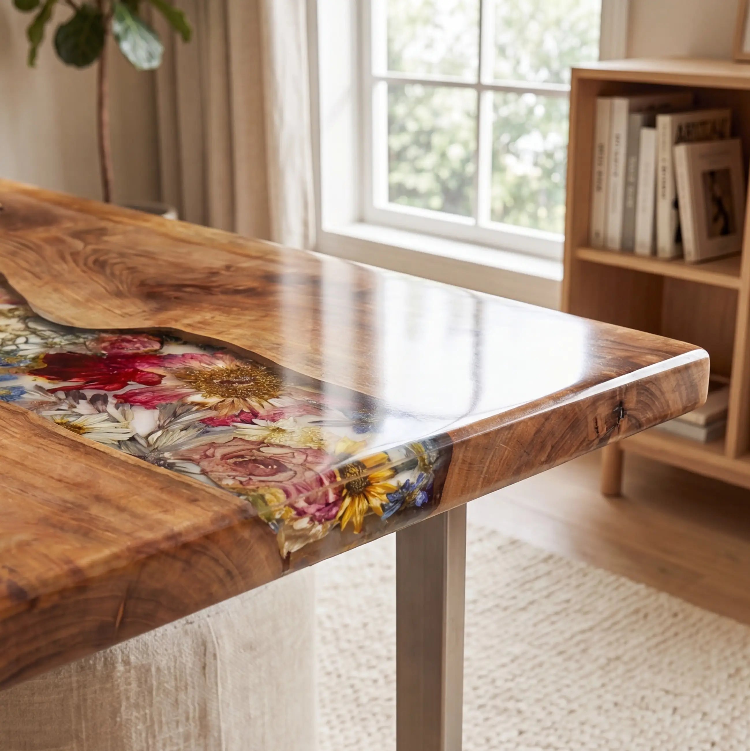 Custom Olive Wood and Vibrant Floral Resin “Flora” Series Desk RD-30
