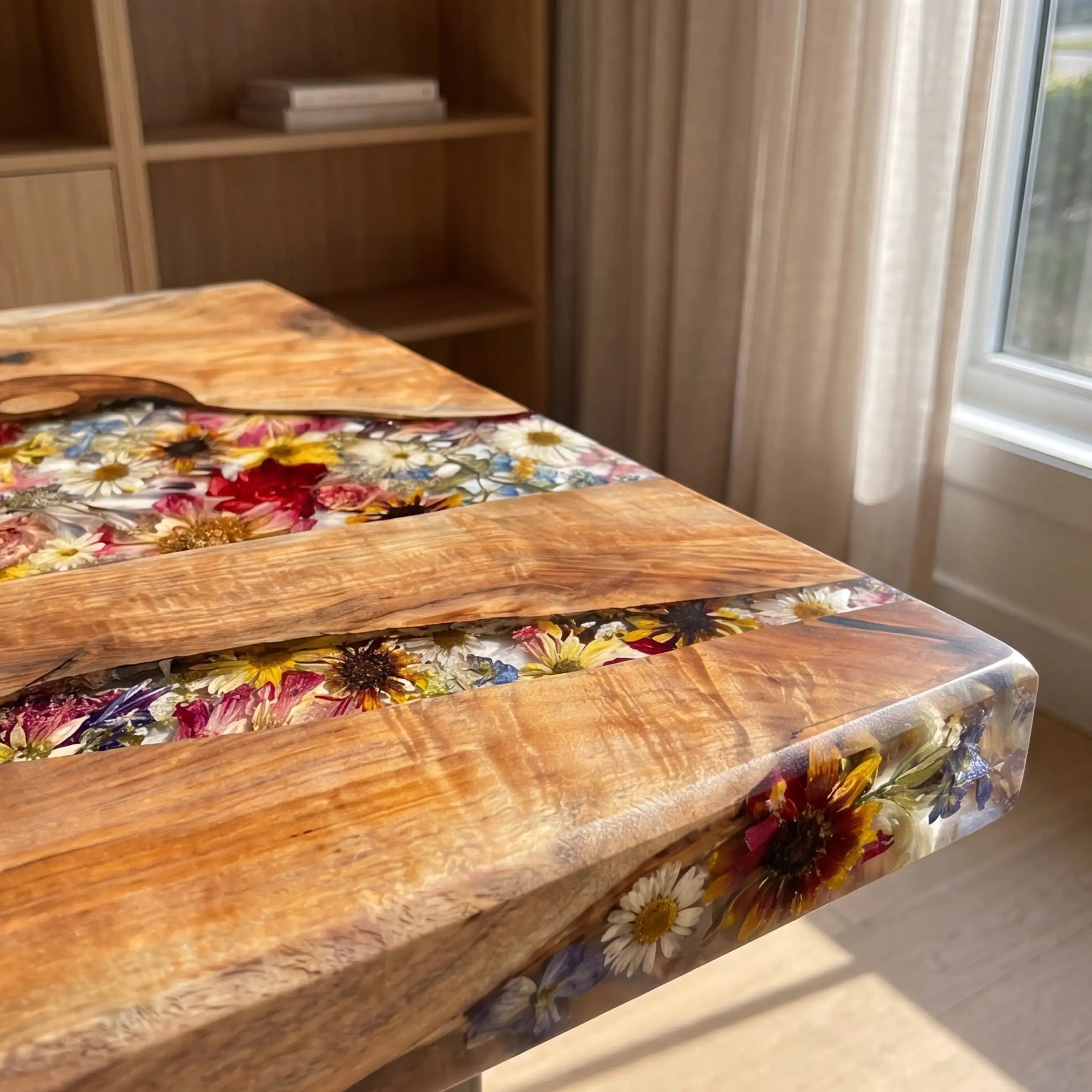 Custom Olive Wood and Vibrant Floral Resin “Flora” Series Desk RD-30