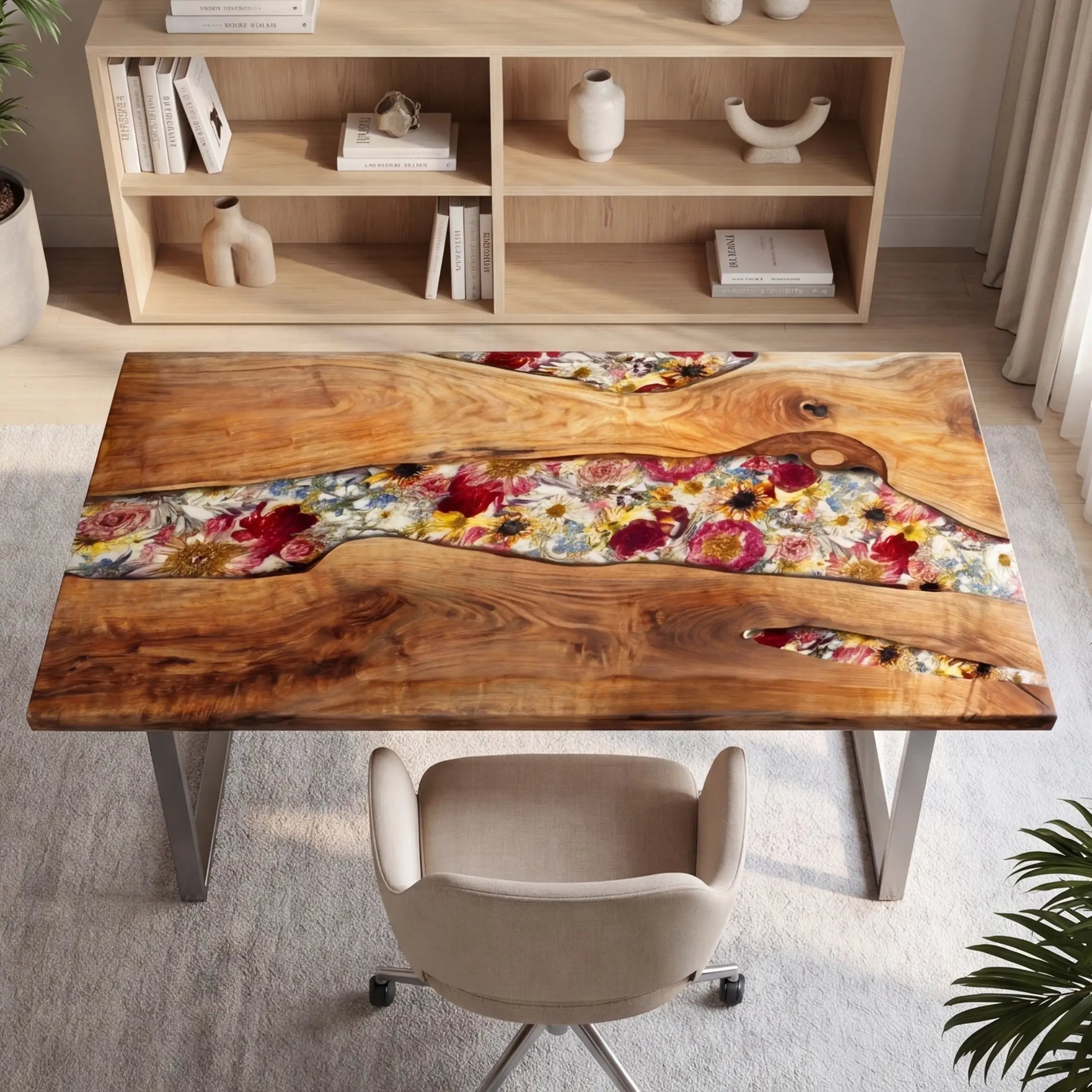 Custom Olive Wood and Vibrant Floral Resin “Flora” Series Desk RD-30
