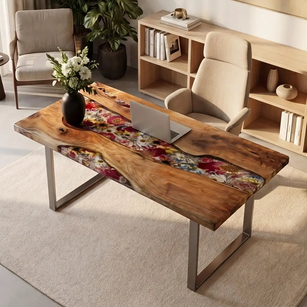 Custom Olive Wood and Vibrant Floral Resin “Flora” Series Desk RD-30