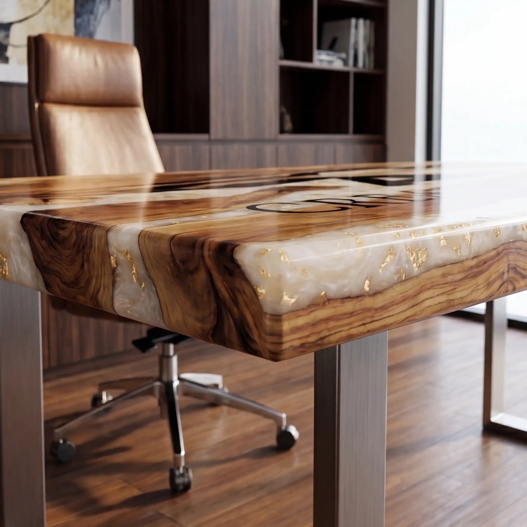 Custom Olive Wood and White Resin “Executive Signature” Series Desk (With Black Resin Inlay Logo)  RD-43