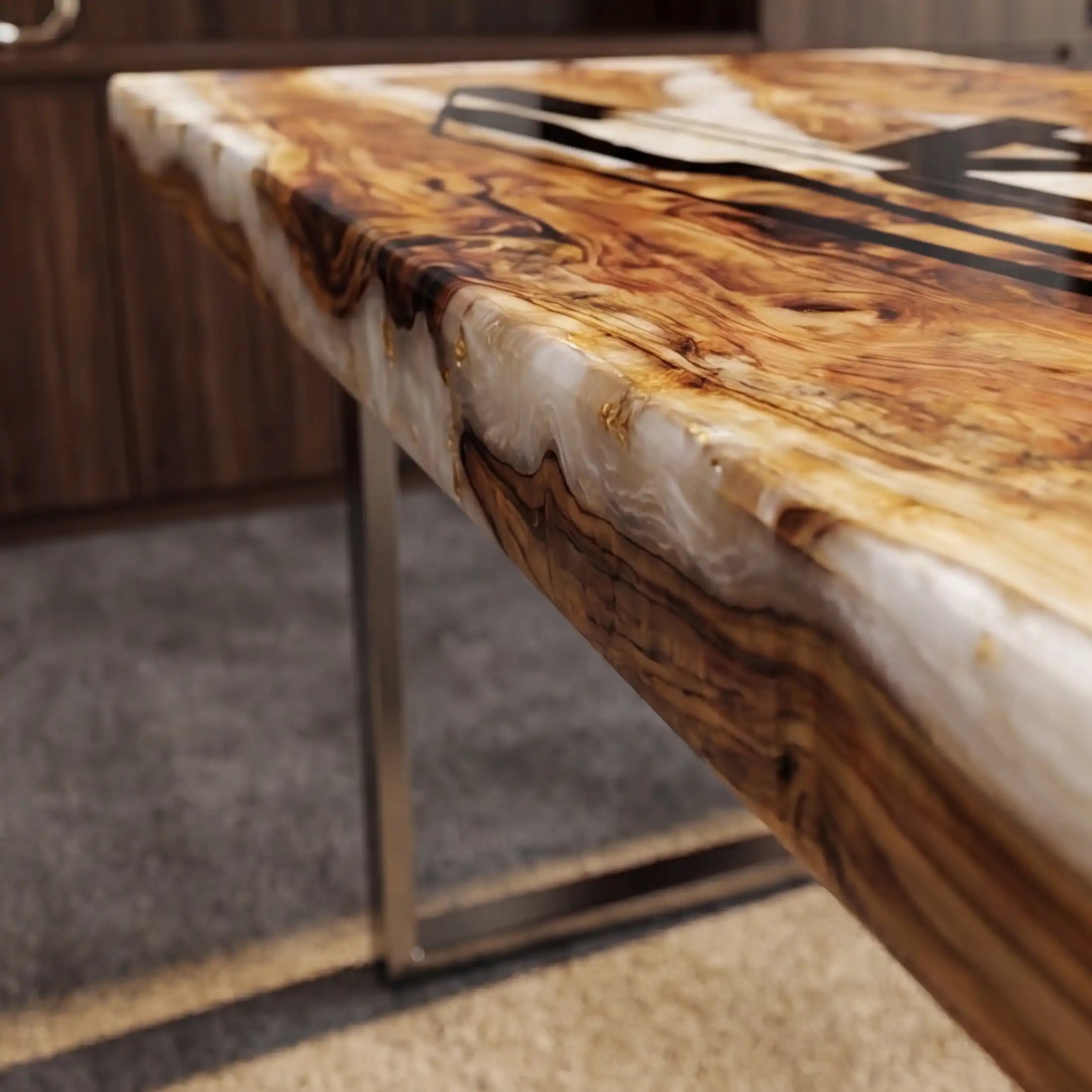Custom Olive Wood and White Resin “Executive Signature” Series Desk (With Black Resin Inlay Logo)  RD-43