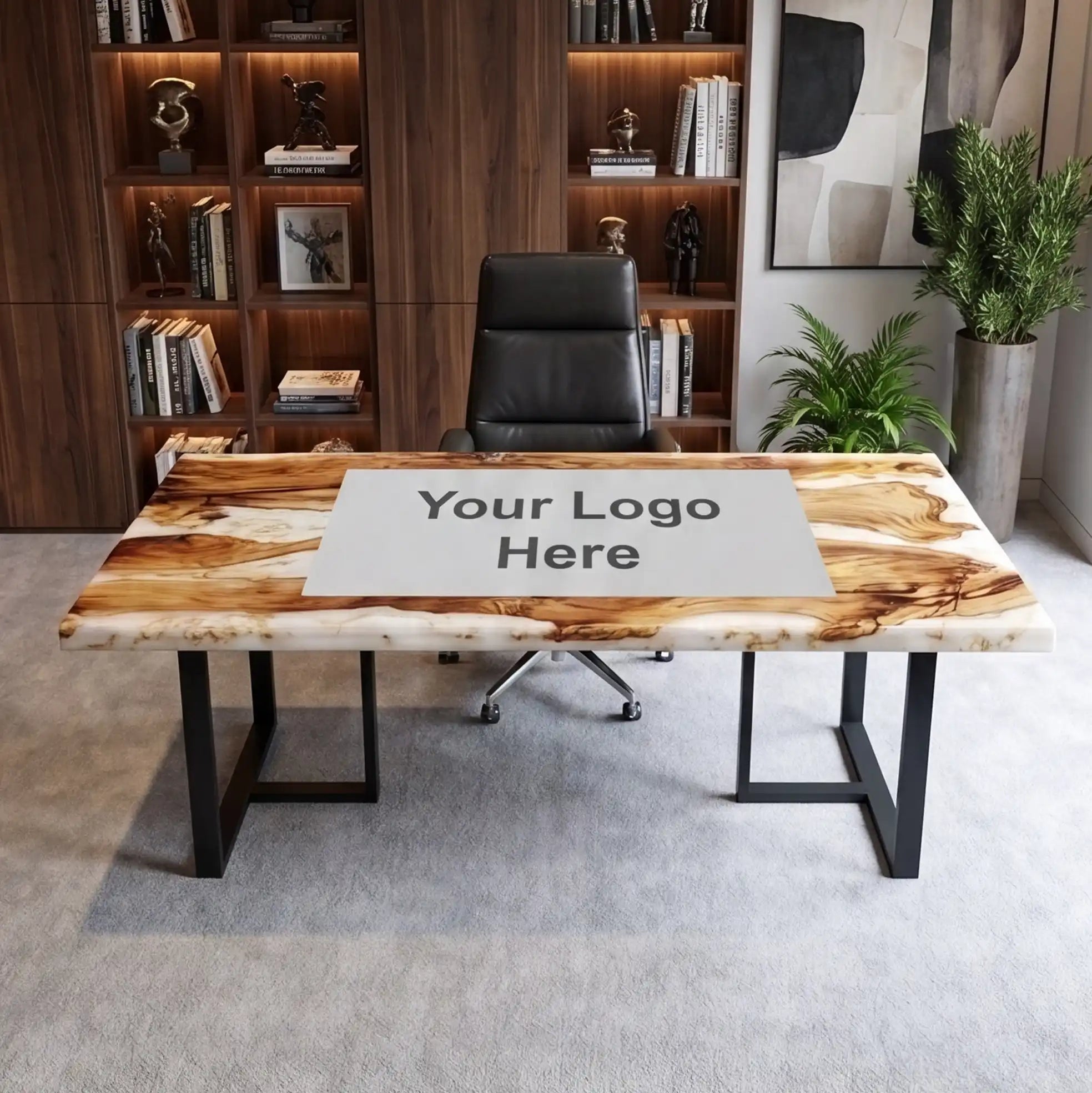 Custom Olive Wood and White Resin “Executive Signature” Series Desk (With Black Resin Inlay Logo)  RD-43