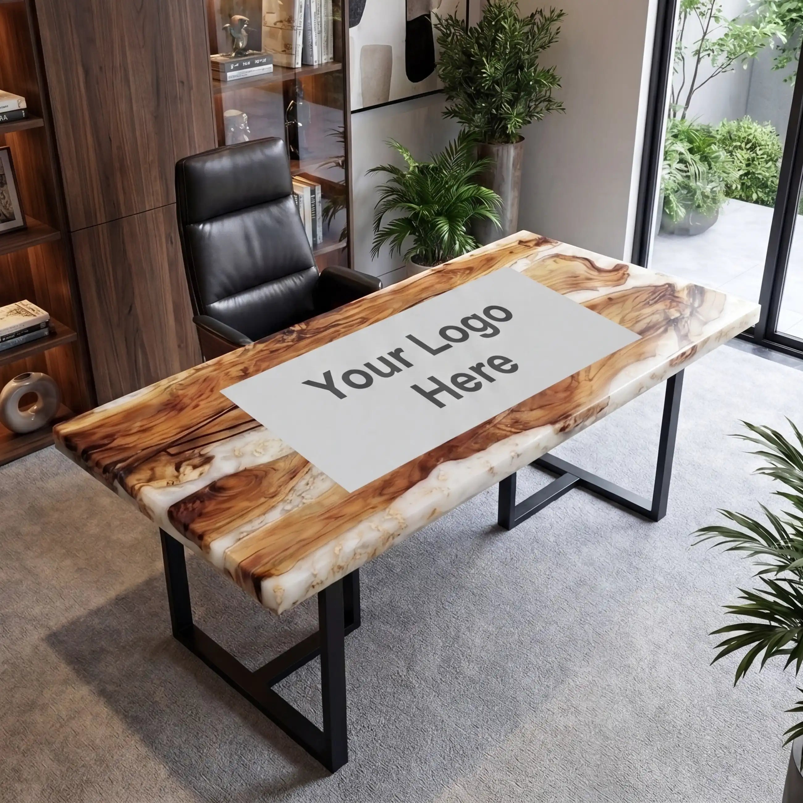 Custom Olive Wood and White Resin “Executive Signature” Series Desk (With Black Resin Inlay Logo)  RD-43
