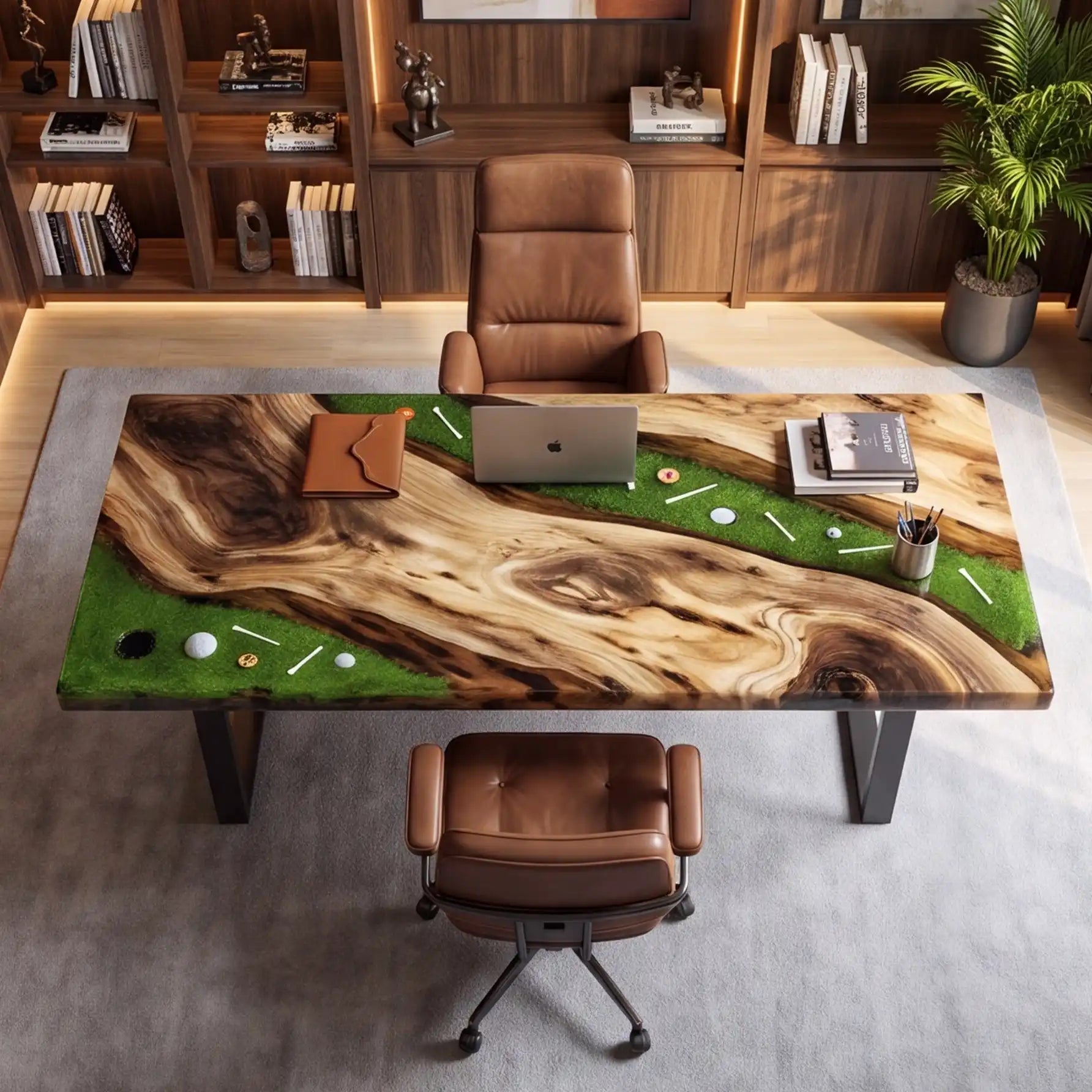 Custom Olive Wood and “Fairway Green” Resin Executive Desk (With Embedded Golf Theme Details) RD-56