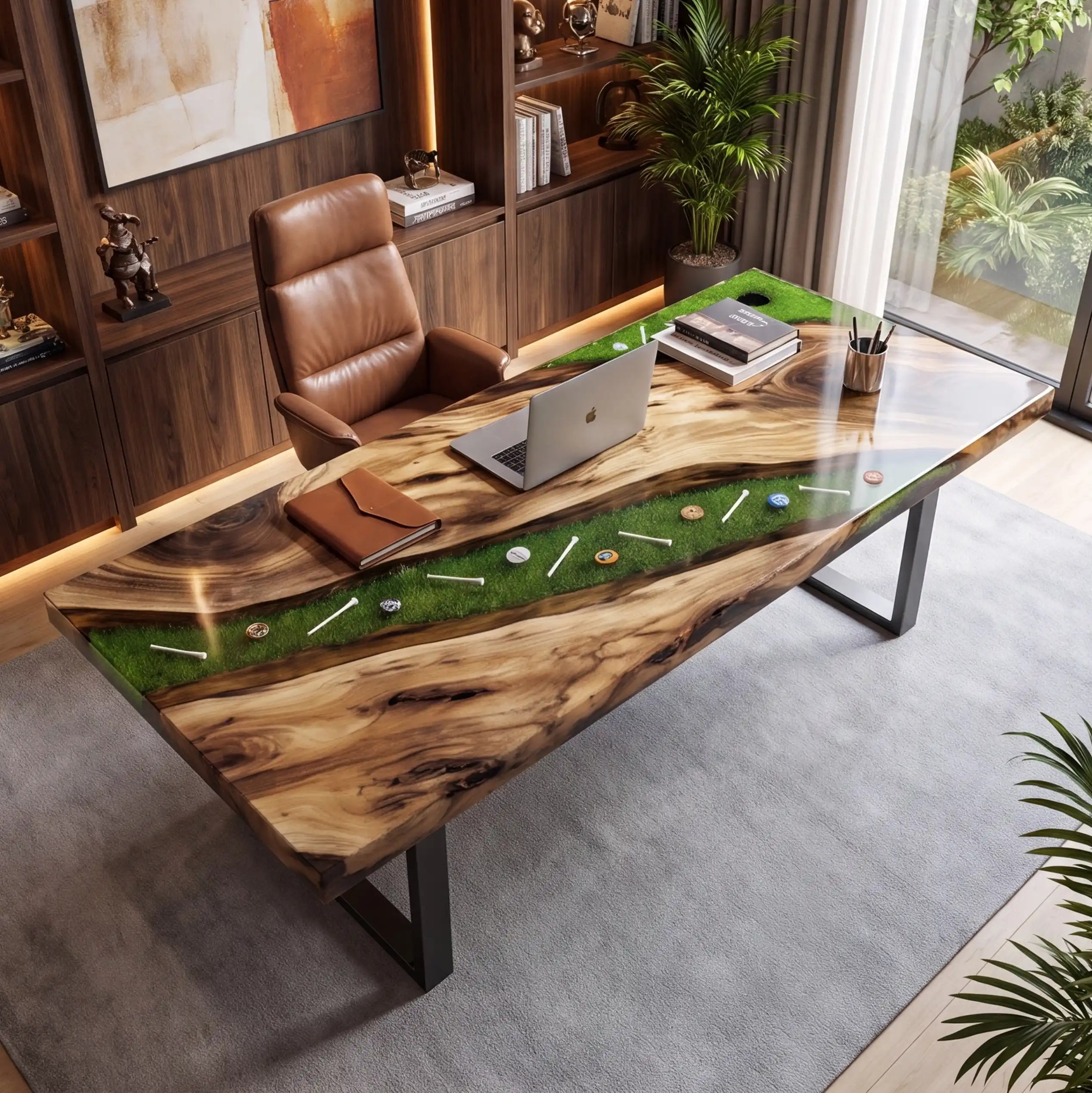 Custom Olive Wood and “Fairway Green” Resin Executive Desk (With Embedded Golf Theme Details) RD-56