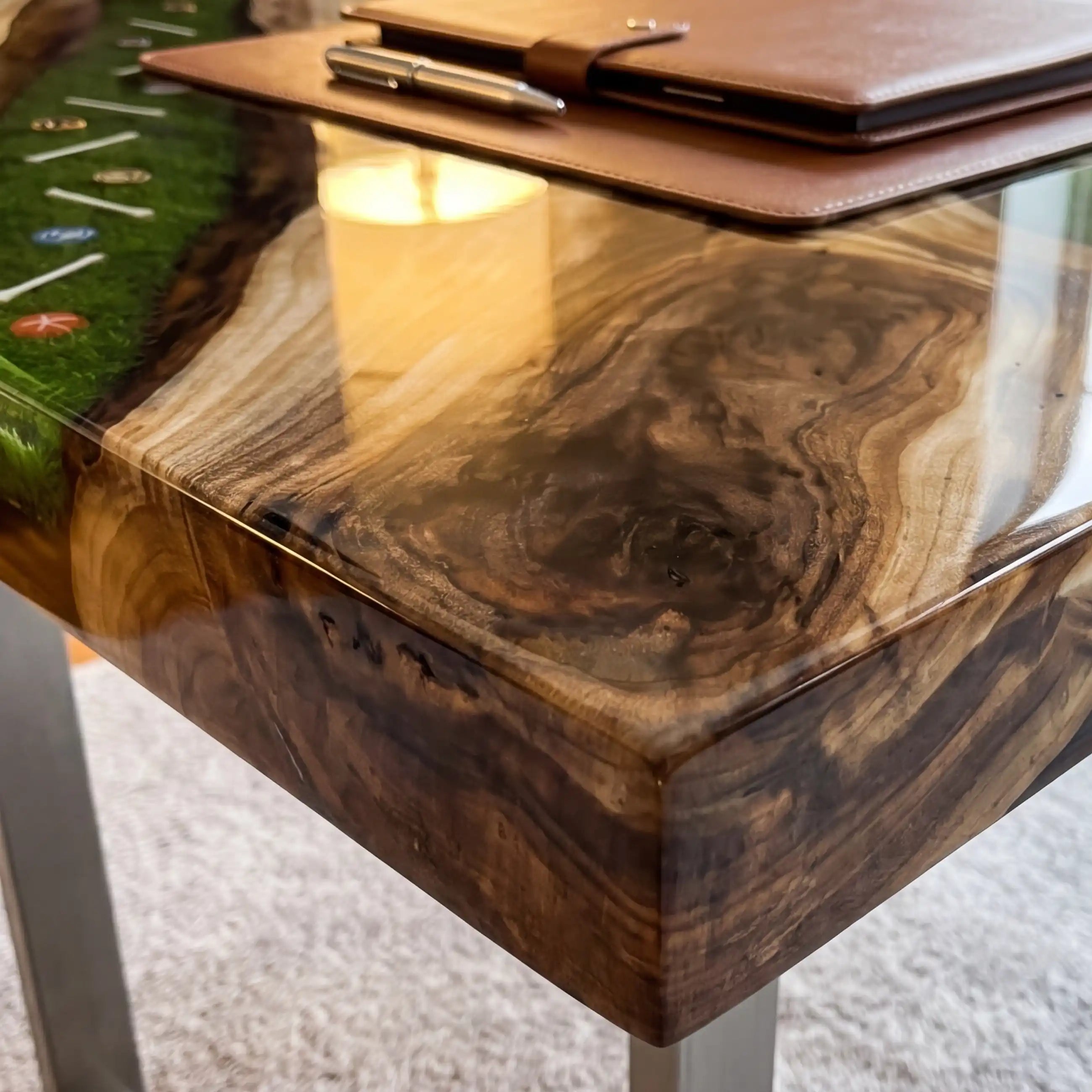 Custom Olive Wood and “Fairway Green” Resin Executive Desk (With Embedded Golf Theme Details) RD-56
