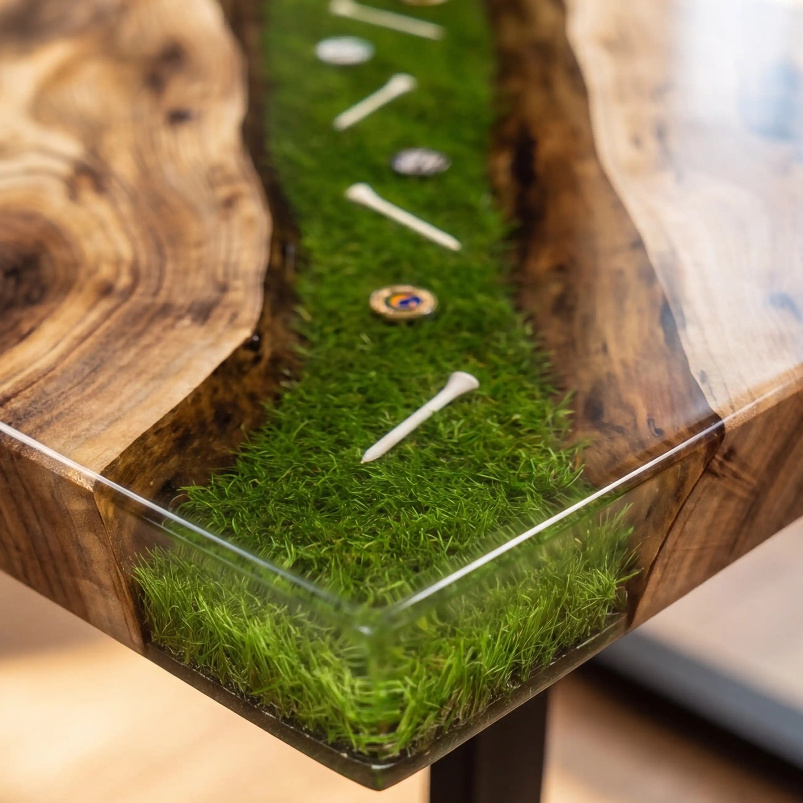Custom Olive Wood and “Fairway Green” Resin Executive Desk (With Embedded Golf Theme Details) RD-56