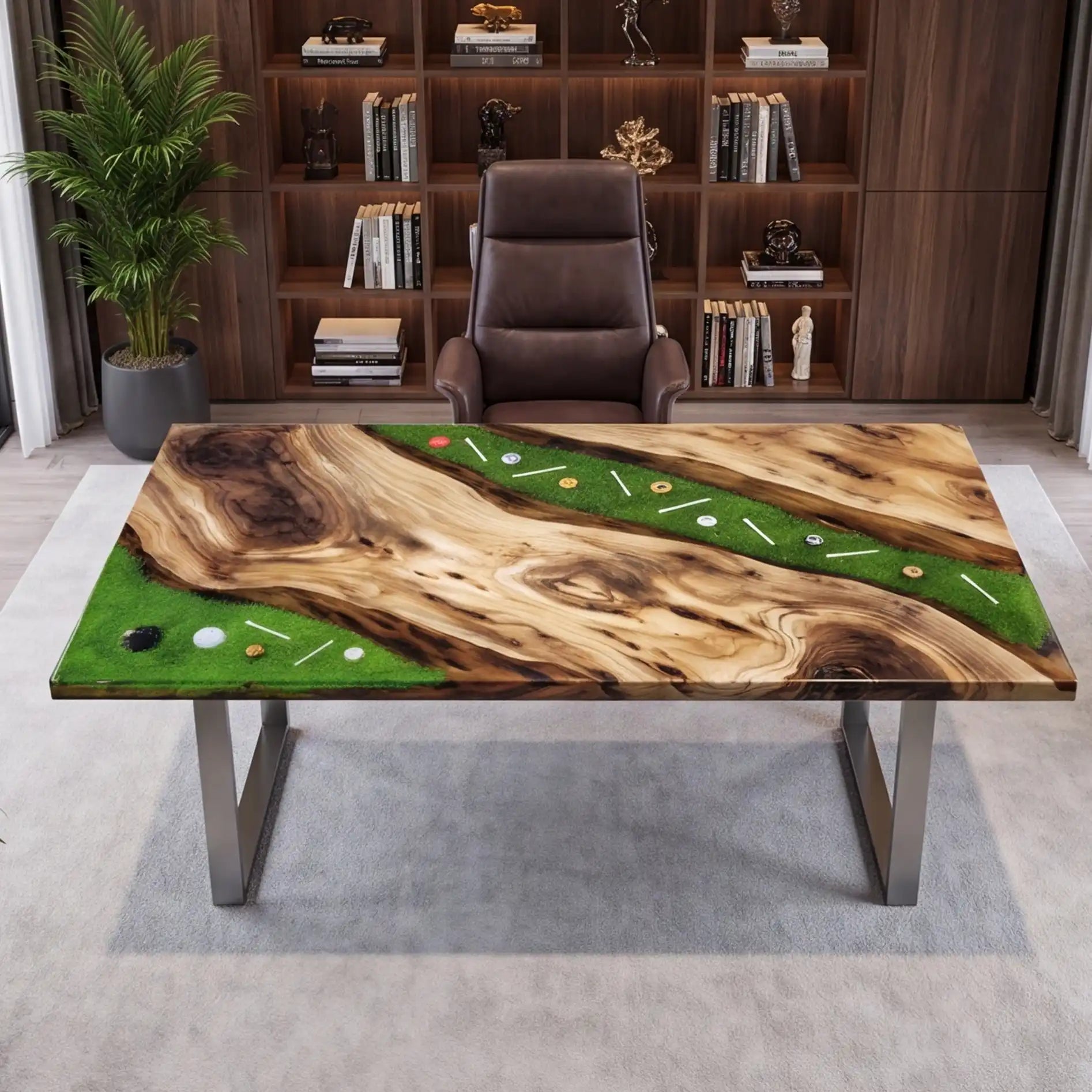 Custom Olive Wood and “Fairway Green” Resin Executive Desk (With Embedded Golf Theme Details) RD-56