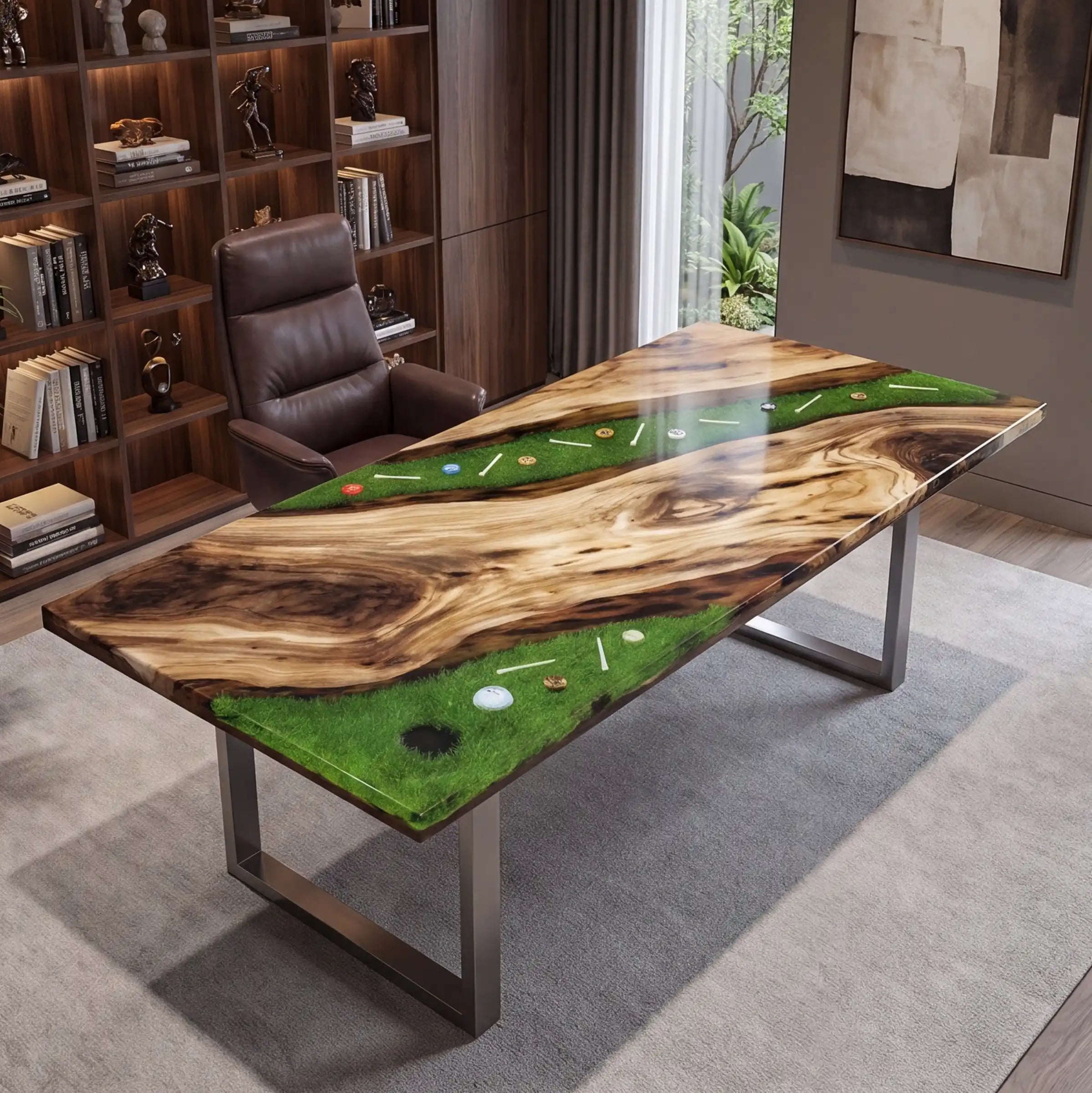 Custom Olive Wood and “Fairway Green” Resin Executive Desk (With Embedded Golf Theme Details) RD-56