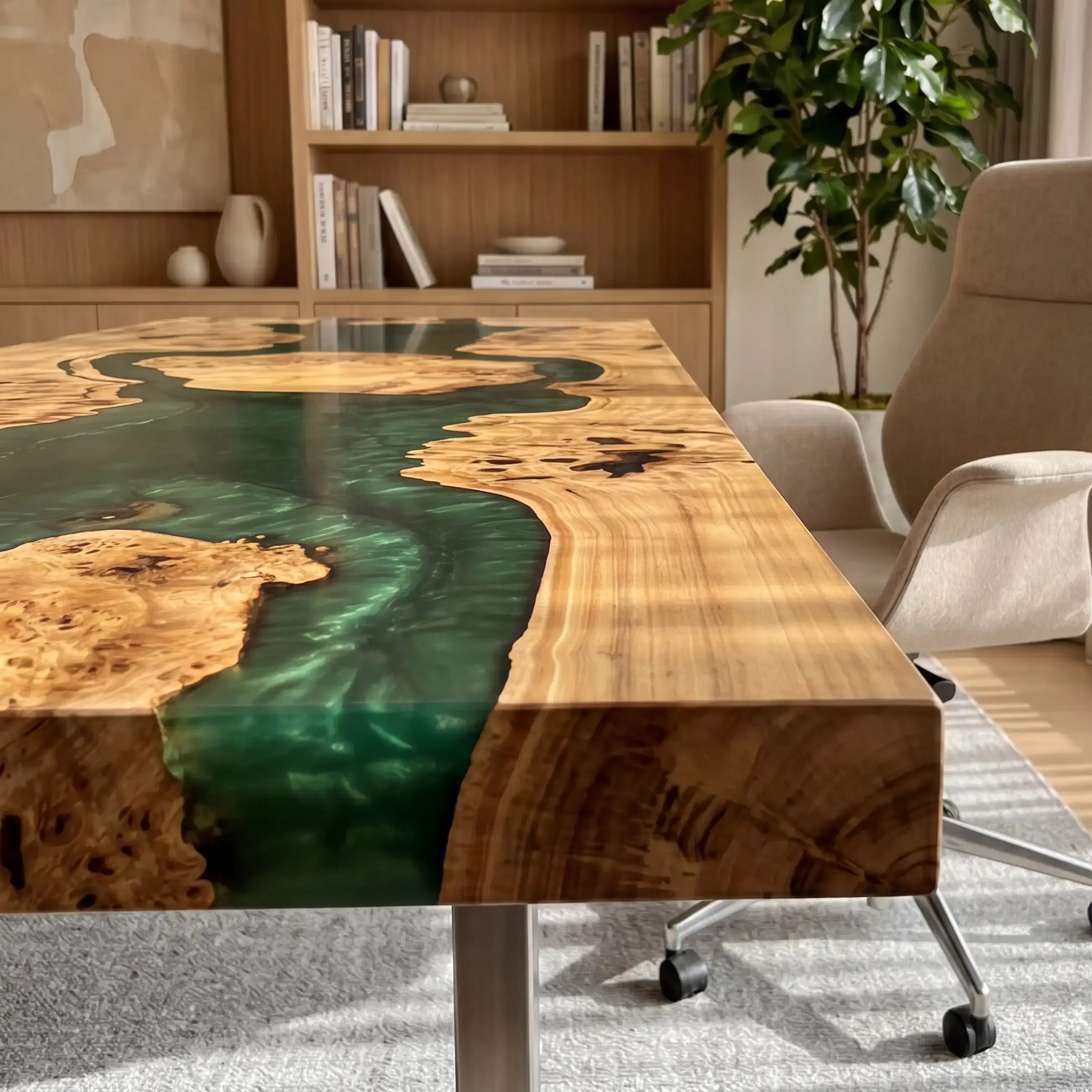 Custom Poplar Burl and Emerald Green Resin “Oasis” Series Desk RD-29