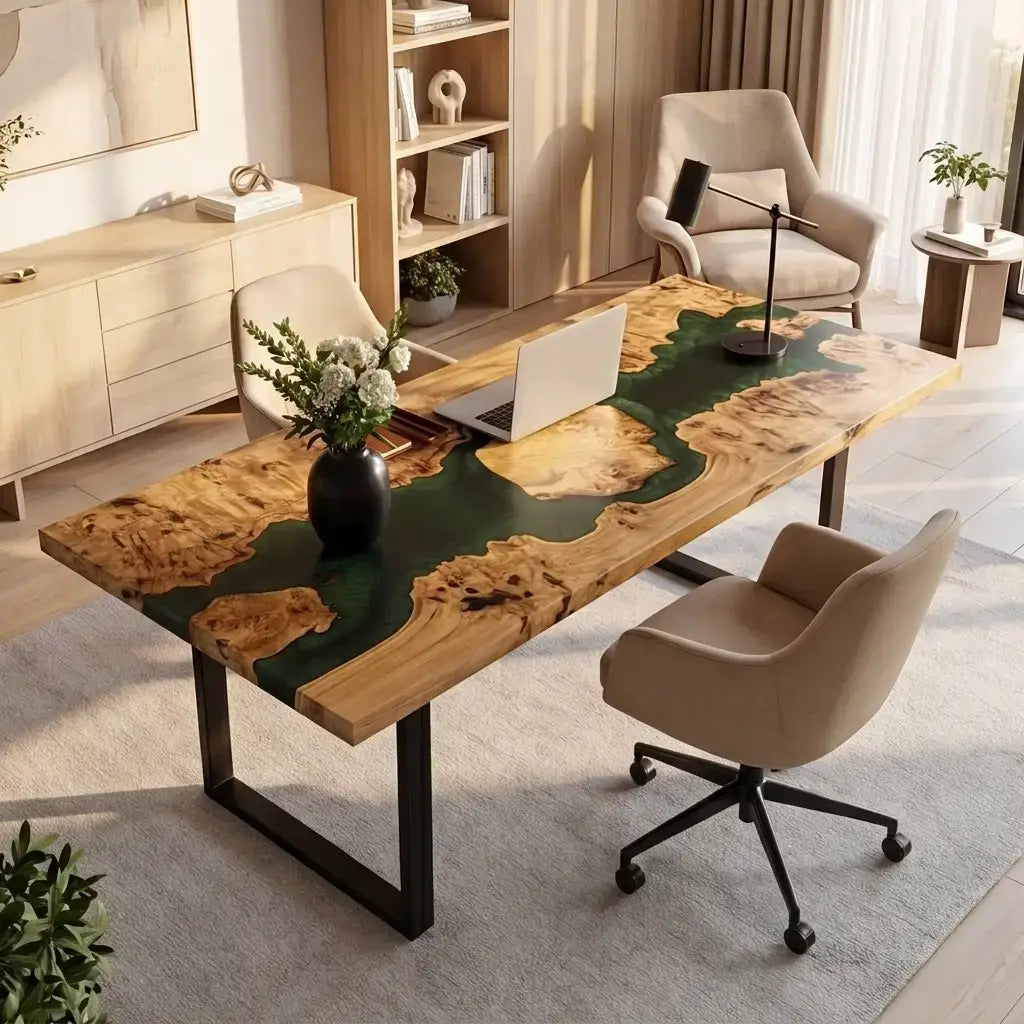 Custom Poplar Burl and Emerald Green Resin “Oasis” Series Desk RD-29