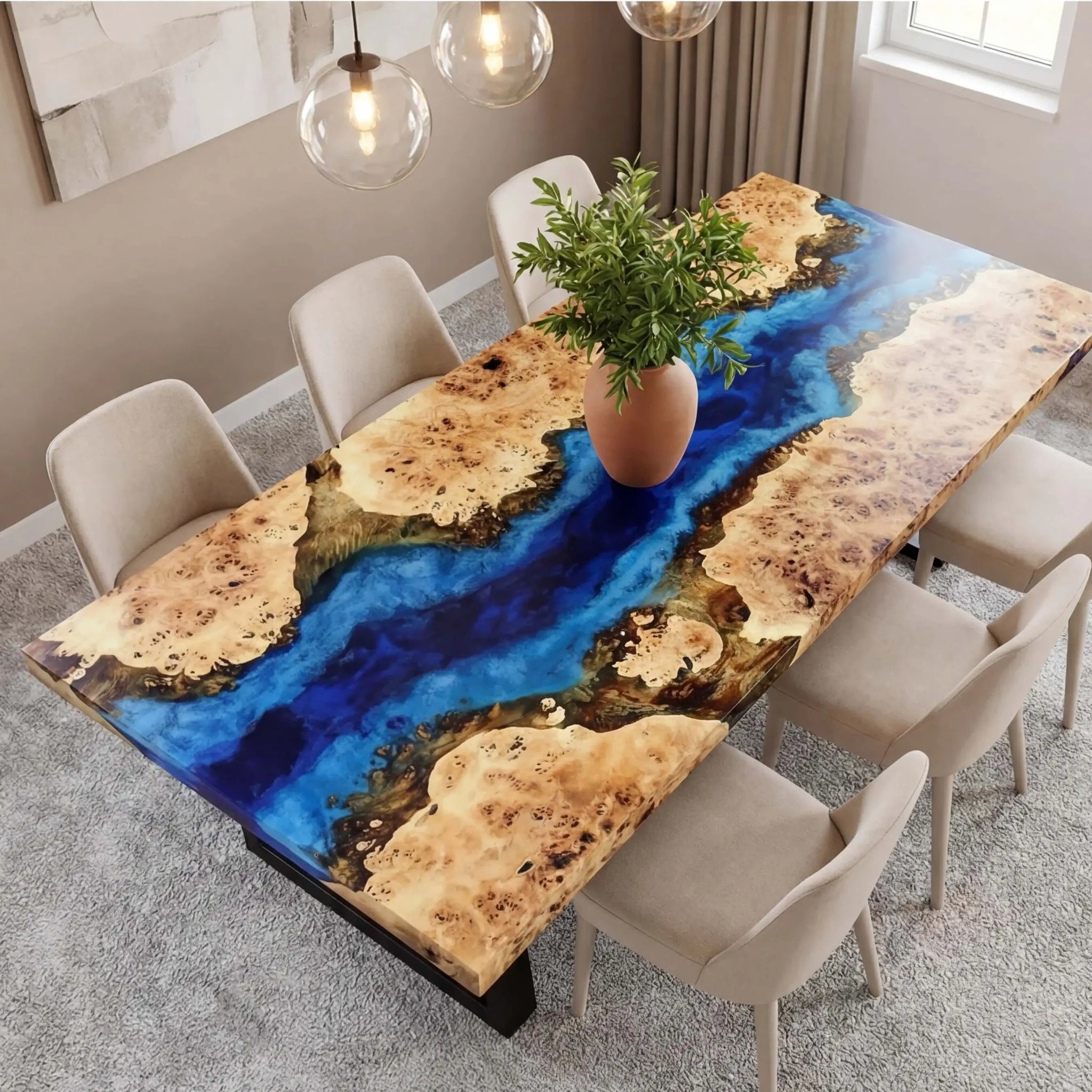 Custom Poplar Epoxy Resin River Table Blue Waves QRT-52