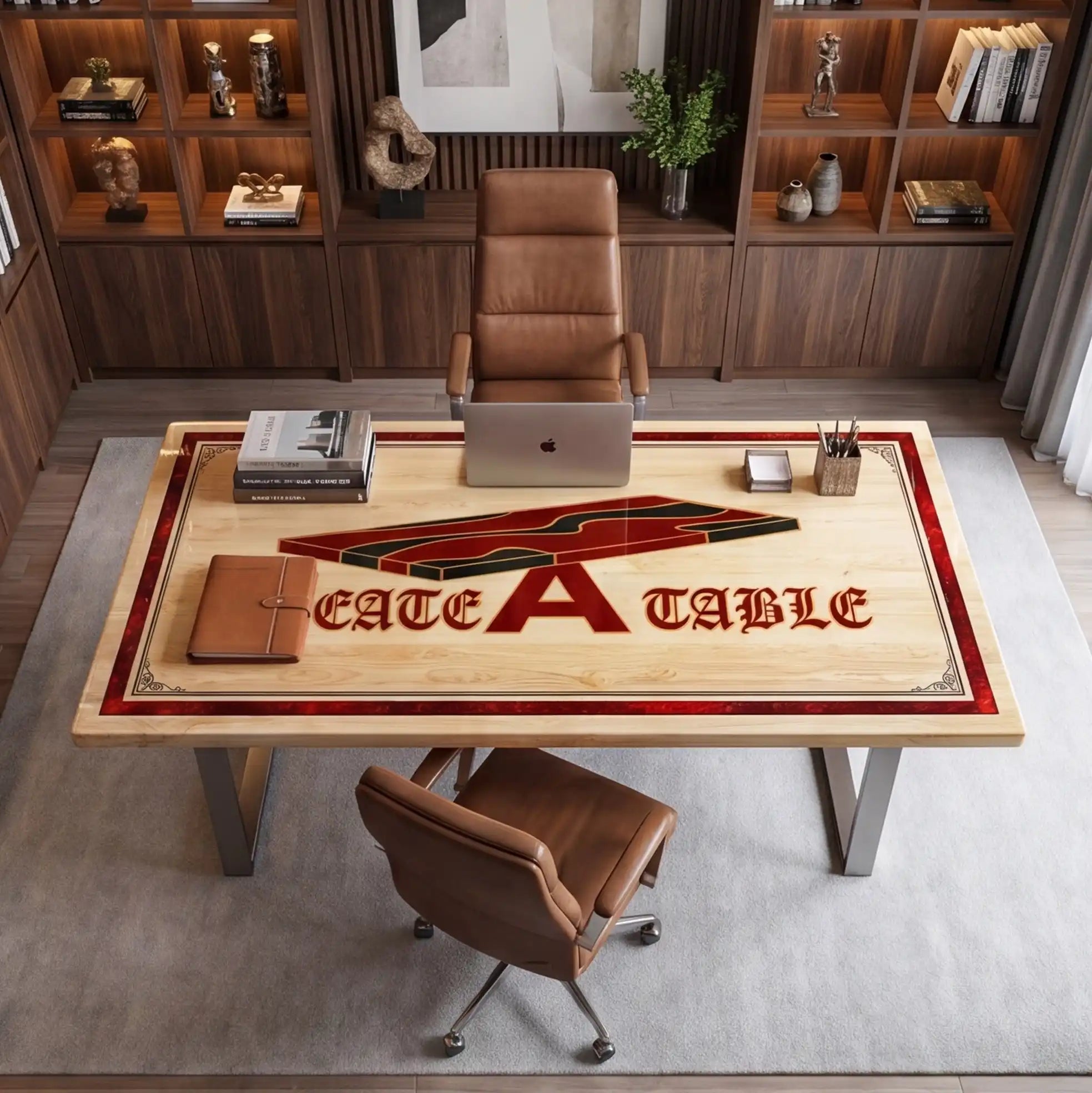 Custom Poplar Wood and Crimson Resin Inlay “Executive Signature” Series Desk (With Custom Logo and Border) RD-44
