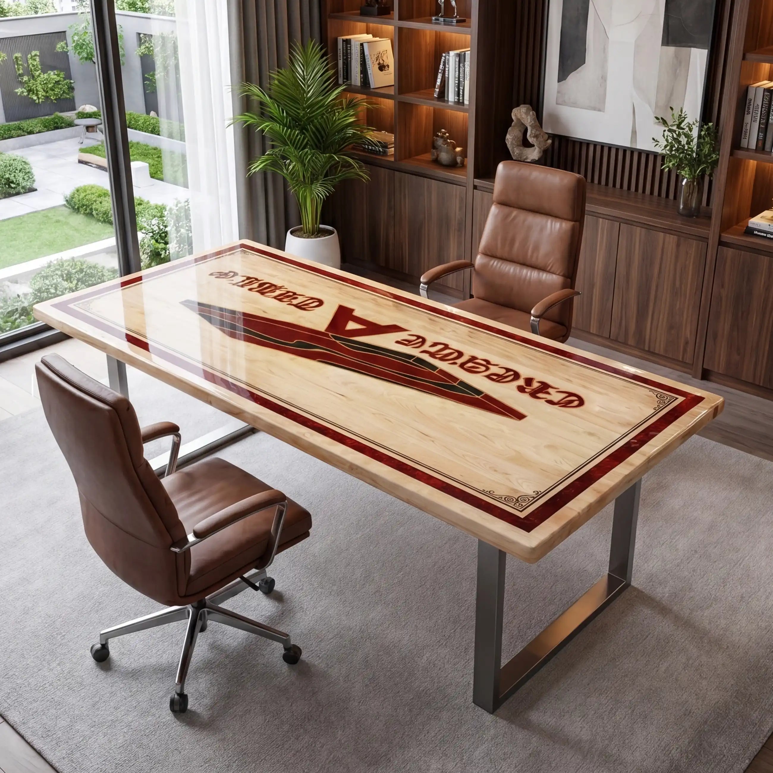 Custom Poplar Wood and Crimson Resin Inlay “Executive Signature” Series Desk (With Custom Logo and Border) RD-44