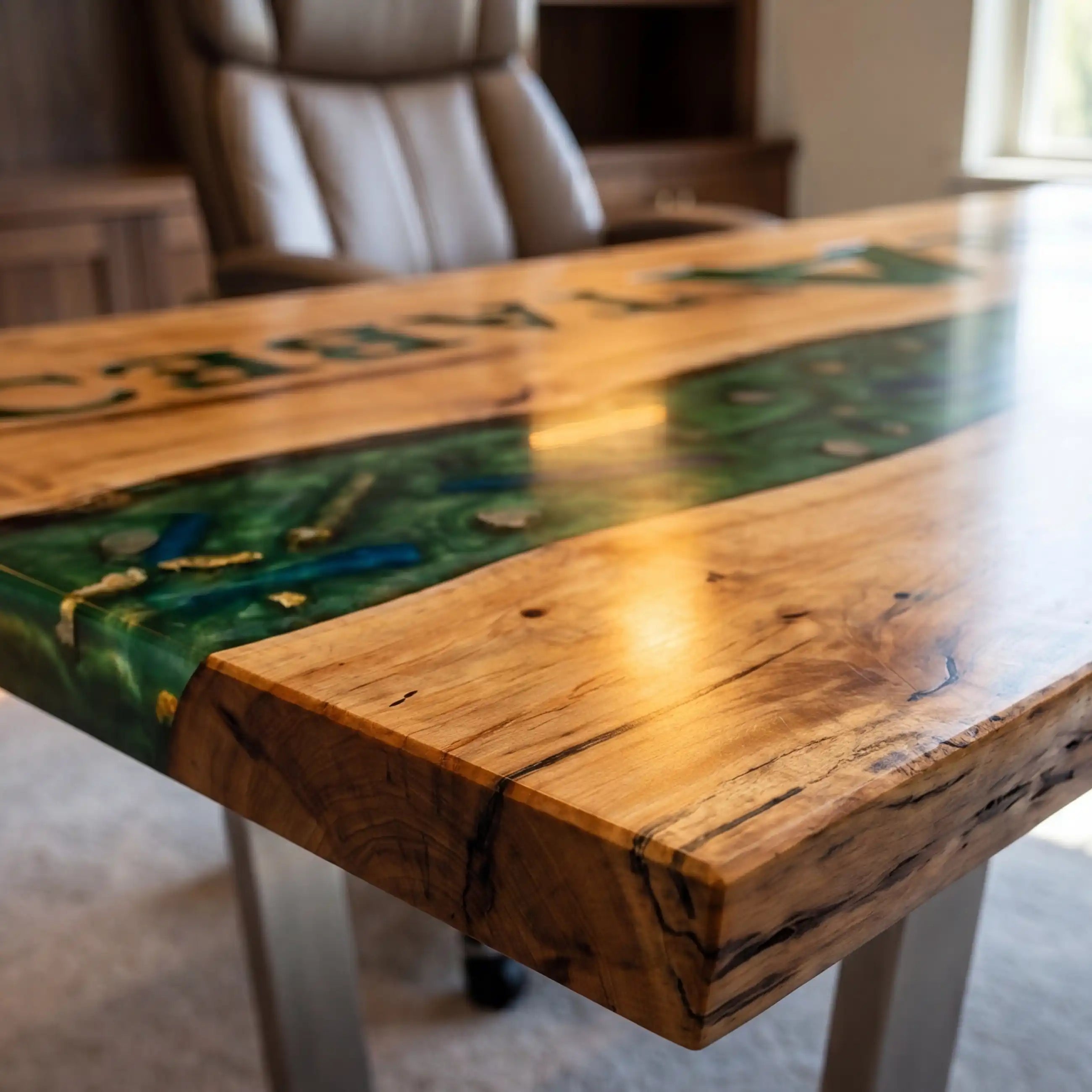 Custom Poplar Wood and Emerald Green Resin “Executive Signature” Series Desk (With Green Resin Inlay Logo) RD-45