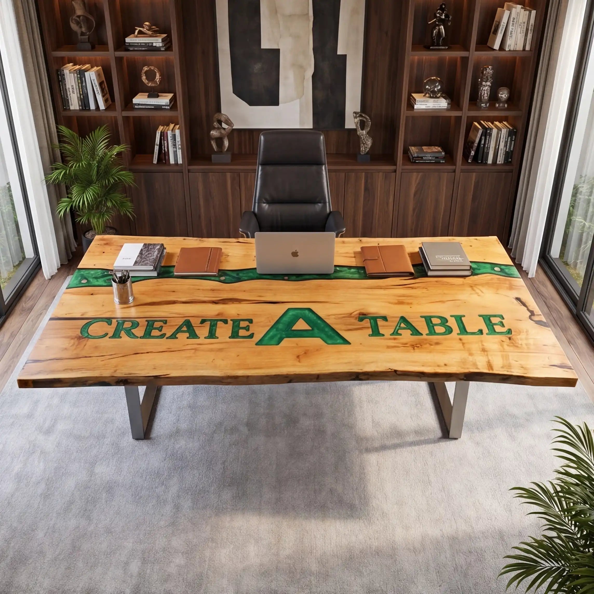 Custom Poplar Wood and Emerald Green Resin “Executive Signature” Series Desk (With Green Resin Inlay Logo) RD-45