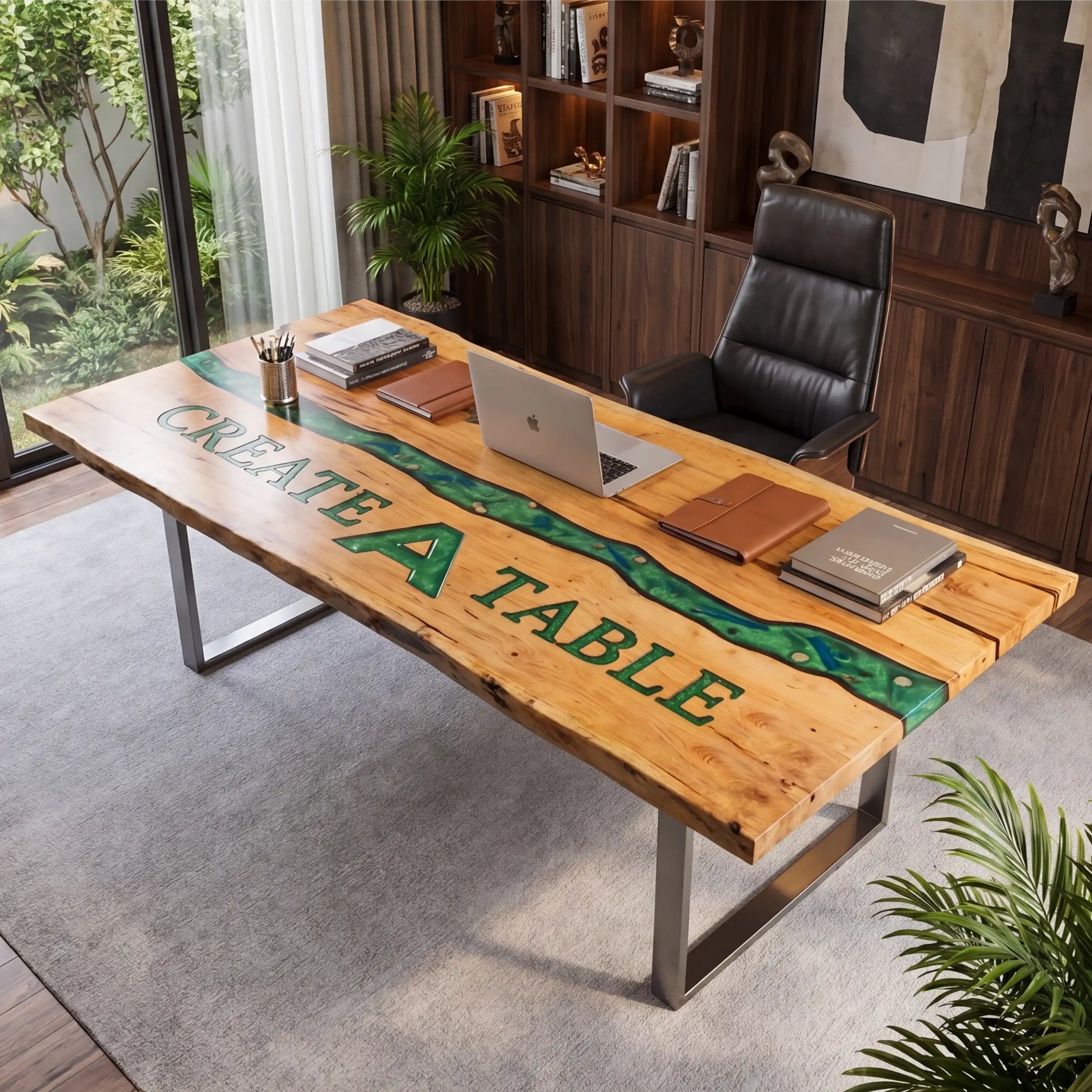 Custom Poplar Wood and Emerald Green Resin “Executive Signature” Series Desk (With Green Resin Inlay Logo) RD-45