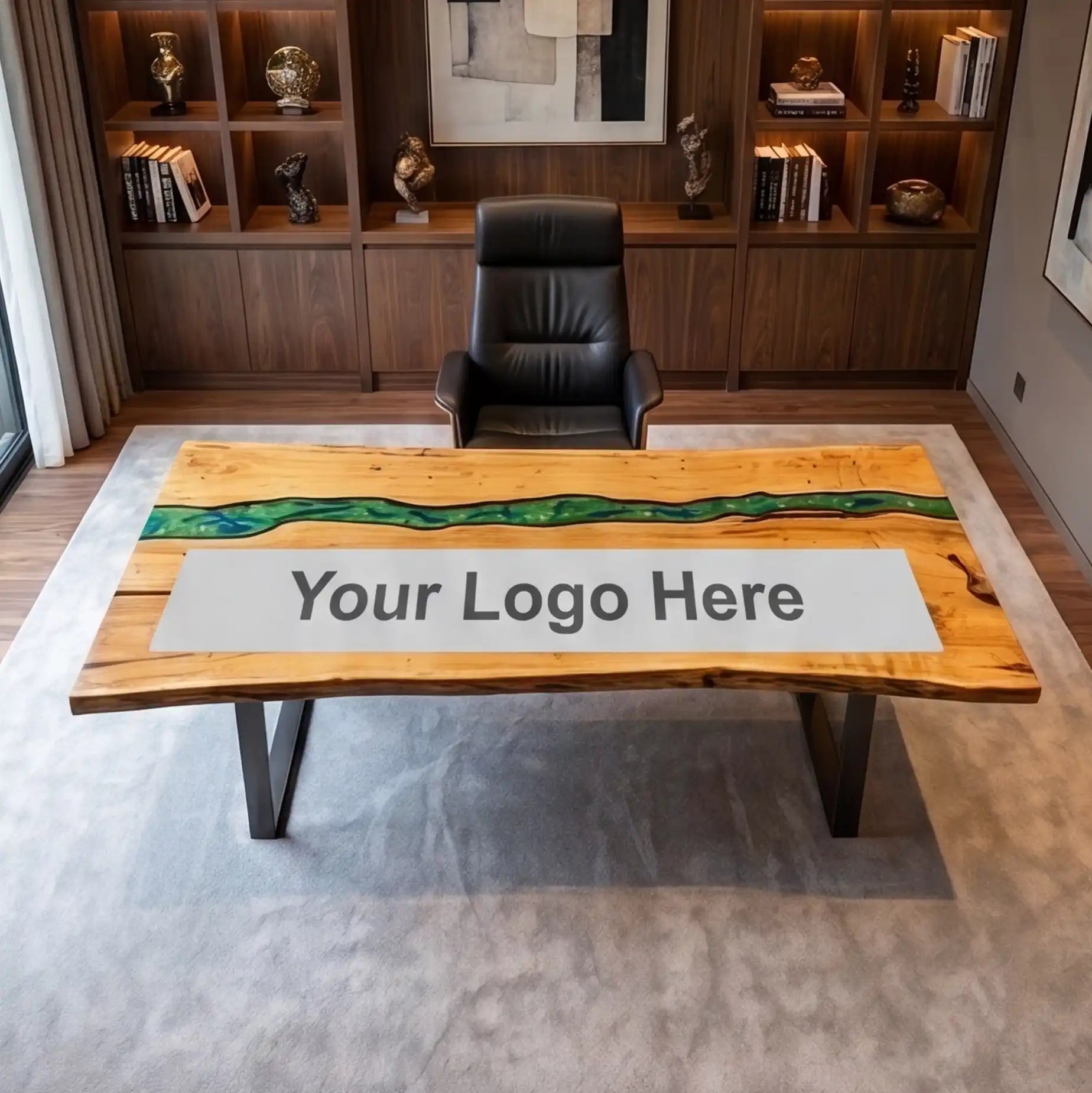 Custom Poplar Wood and Emerald Green Resin “Executive Signature” Series Desk (With Green Resin Inlay Logo) RD-45