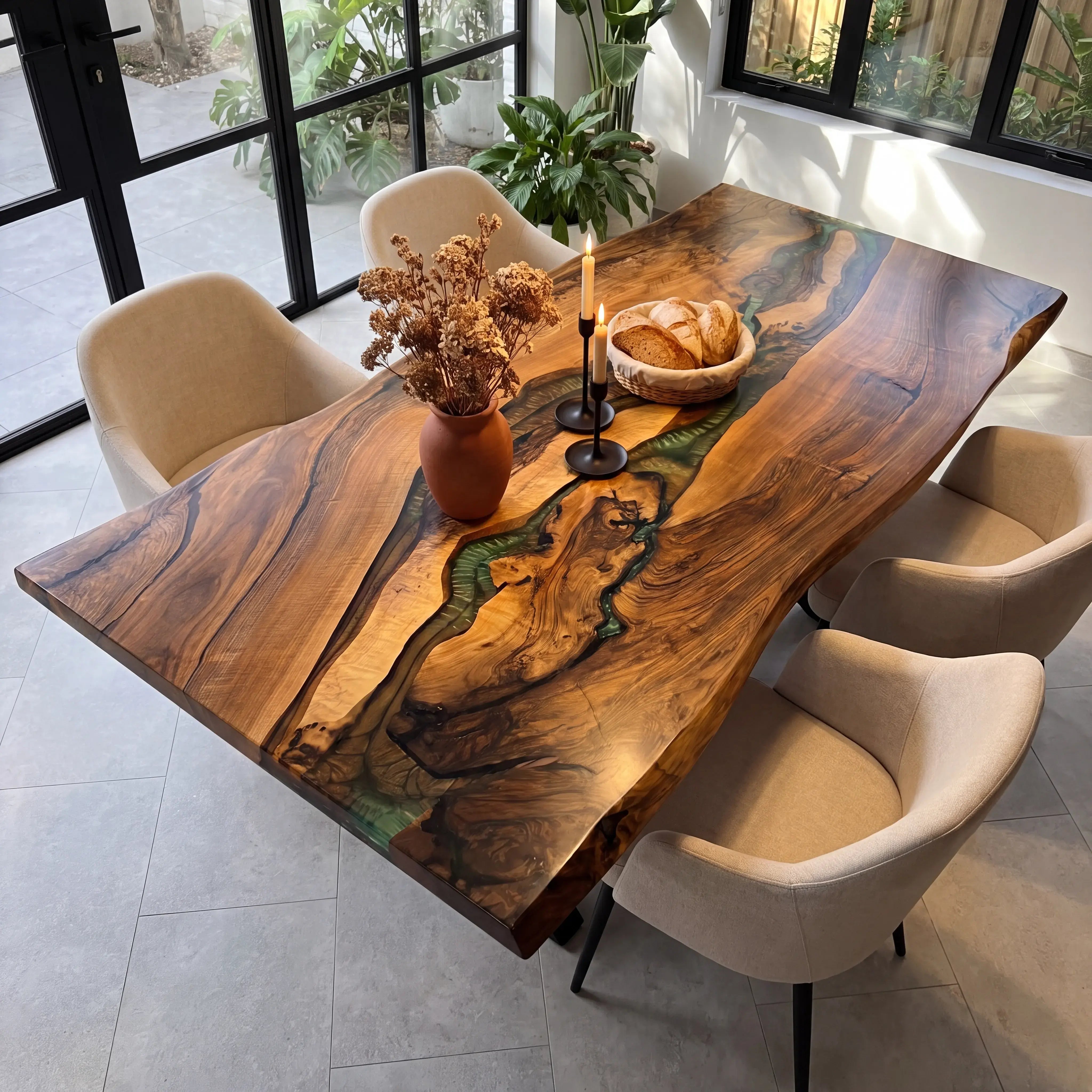 Custom Walnut Epoxy Resin River Table Green Resin QTR-84