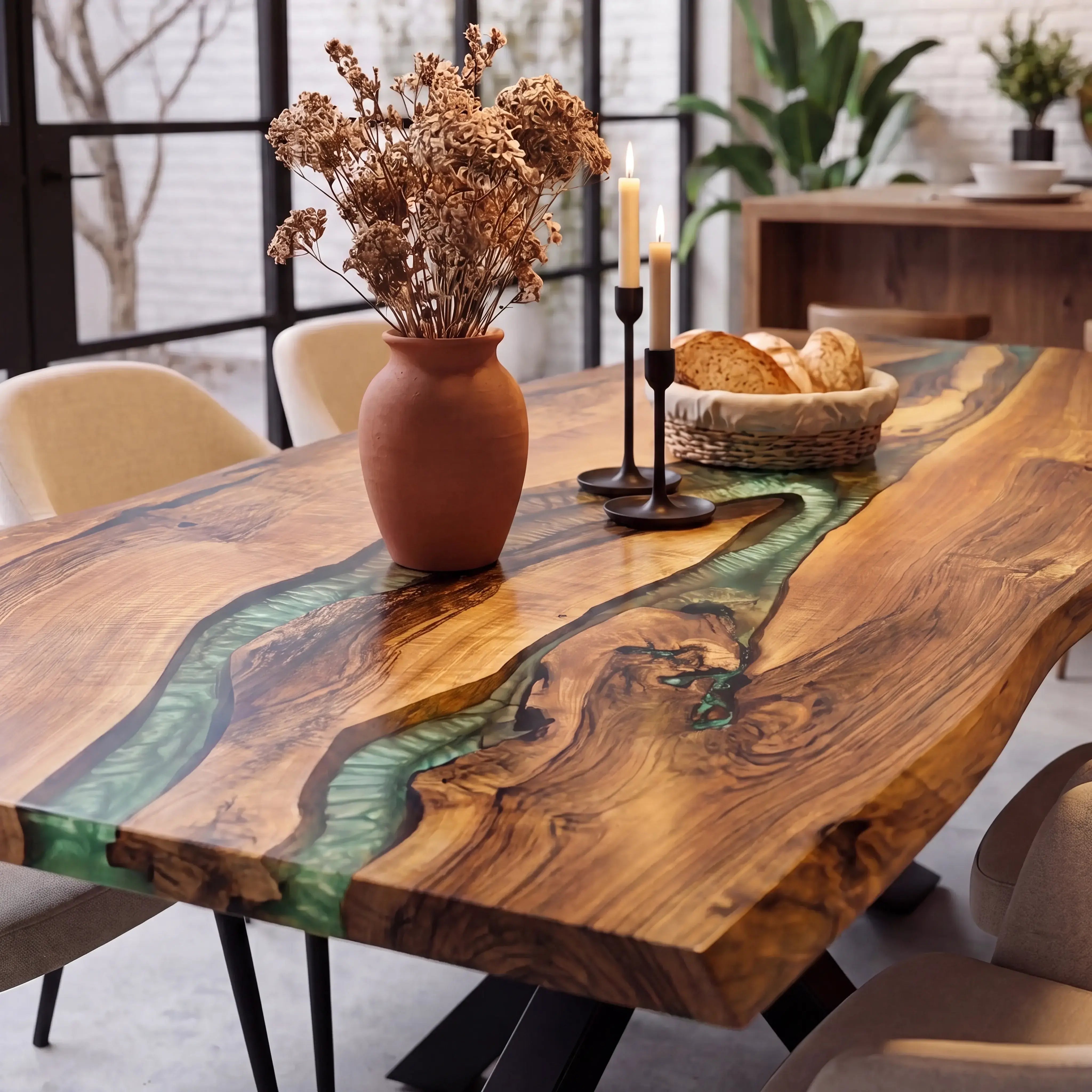 Custom Walnut Epoxy Resin River Table Green Resin QTR-84