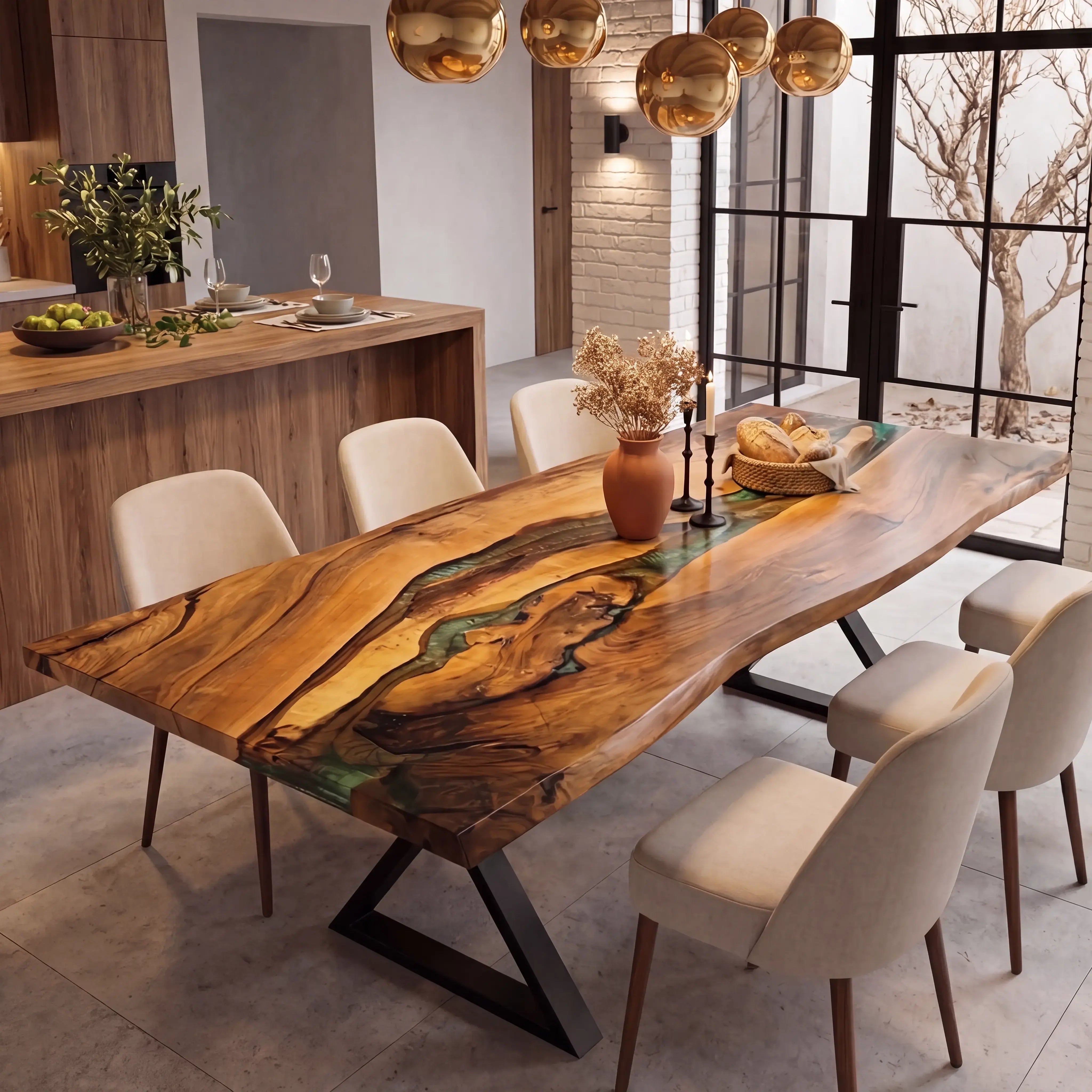 Custom Walnut Epoxy Resin River Table Green Resin QTR-84