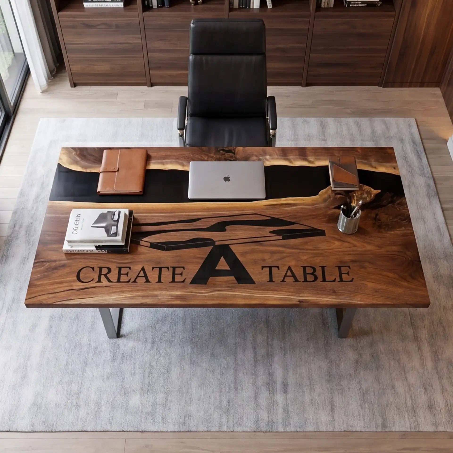 Custom Walnut and Black Resin “Executive Signature” Series Desk (With Black Resin Inlay Logo) RD-50