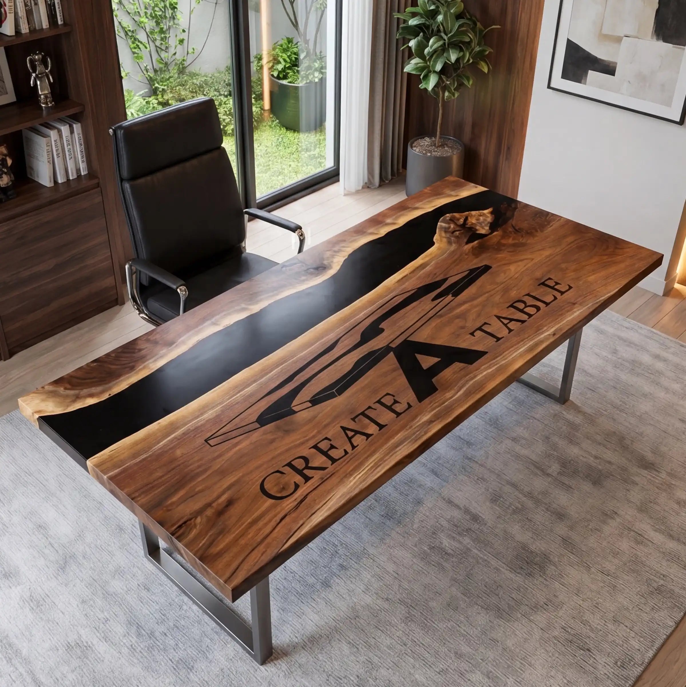 Custom Walnut and Black Resin “Executive Signature” Series Desk (With Black Resin Inlay Logo) RD-50