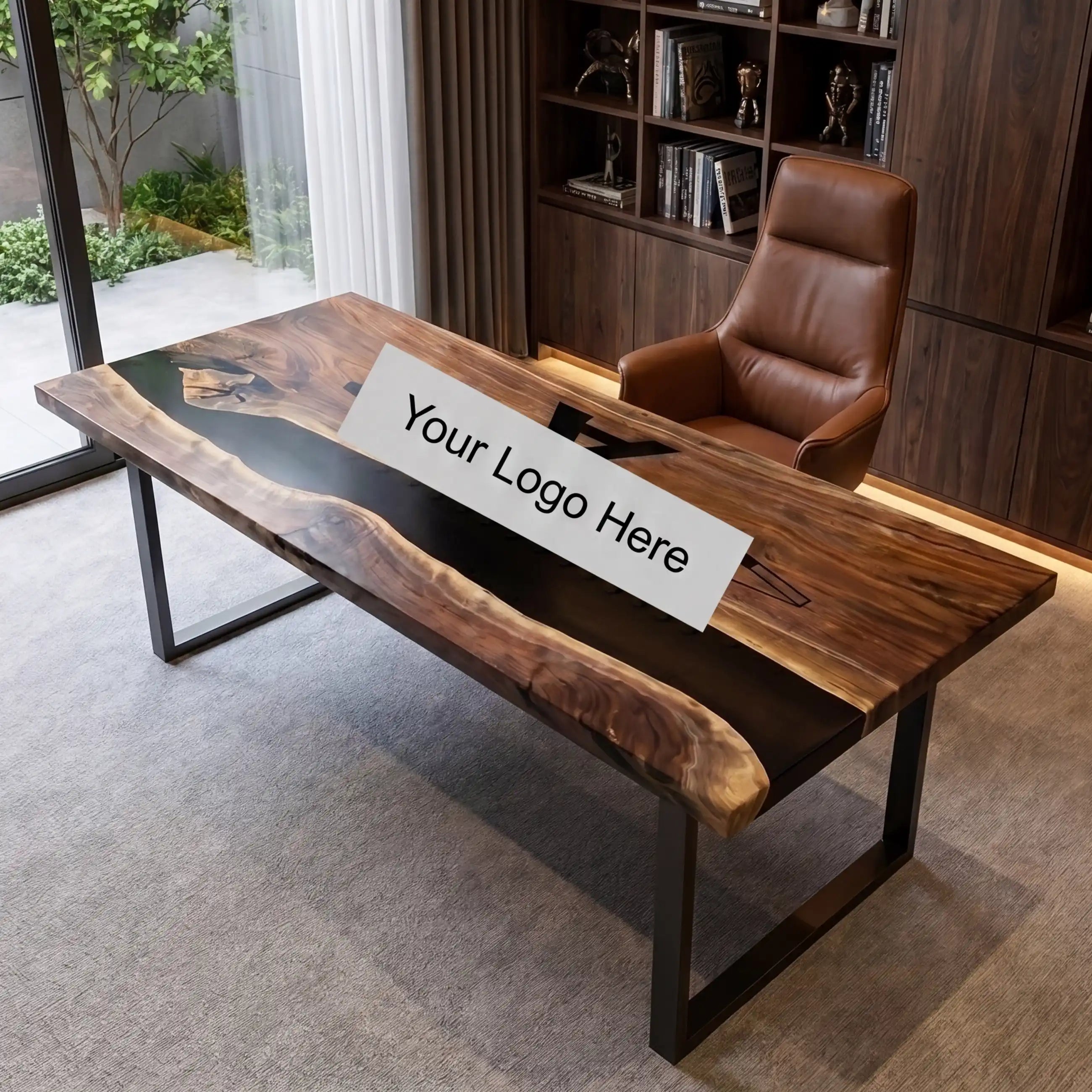 Custom Walnut and Black Resin “Executive Signature” Series Desk (With Black Resin Inlay Logo) RD-50