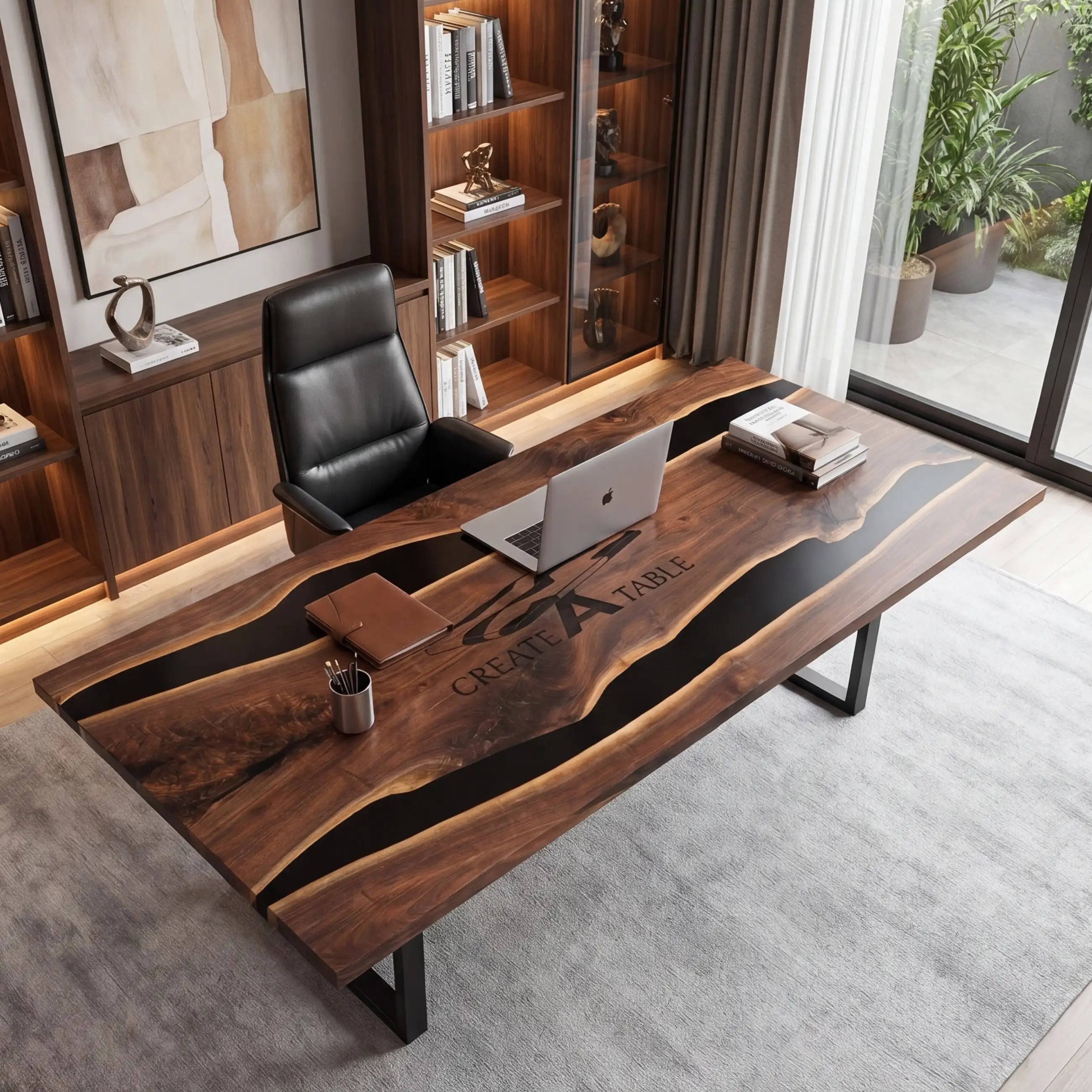 Custom Walnut and Black Resin “Executive Signature” Series Desk (With Custom Corporate Logo) RD-38