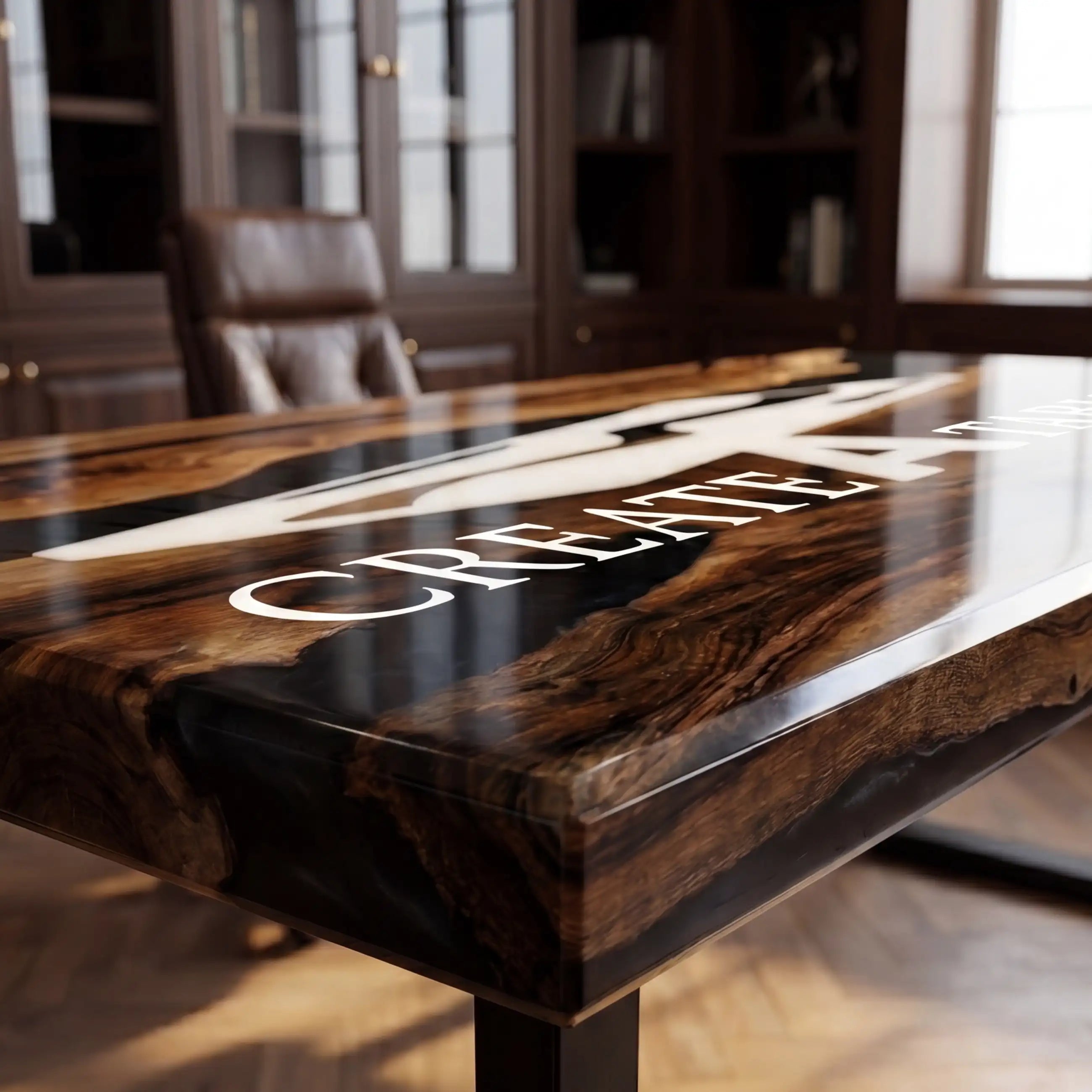 Custom Walnut and Black Resin “Executive Signature” Series Desk (With White Resin Inlay Logo) RD-41
