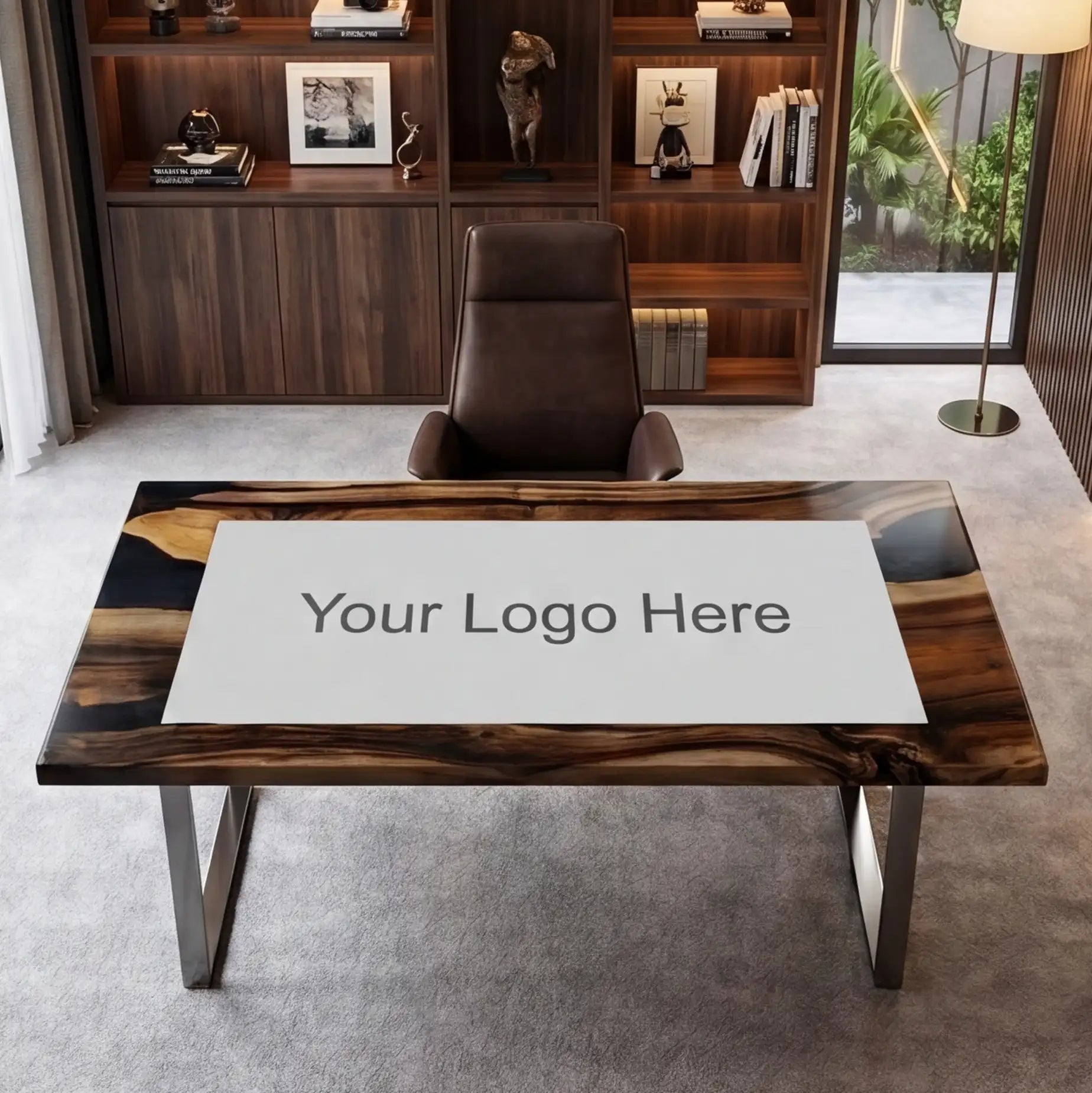Custom Walnut and Black Resin “Executive Signature” Series Desk (With White Resin Inlay Logo) RD-41