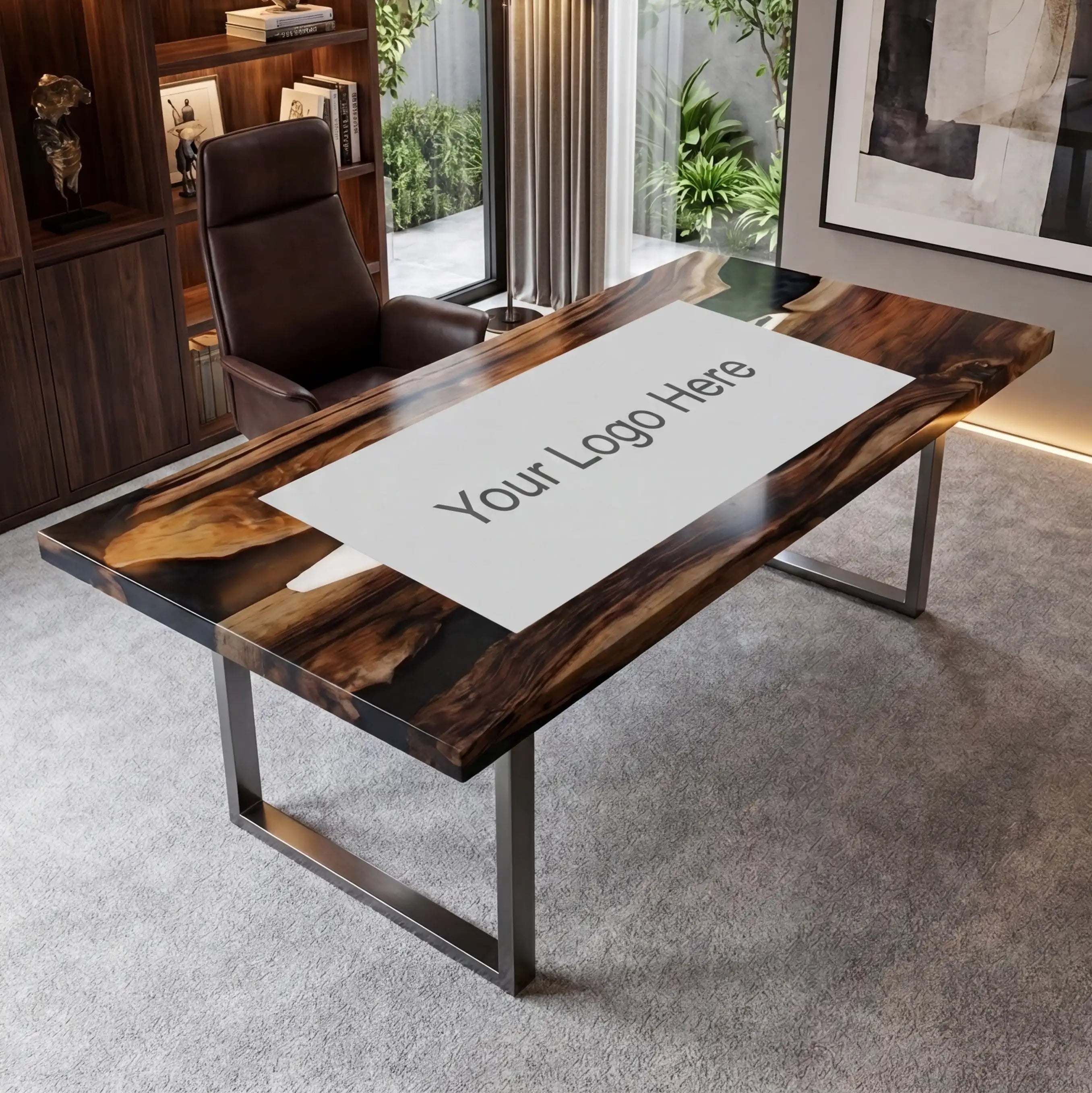 Custom Walnut and Black Resin “Executive Signature” Series Desk (With White Resin Inlay Logo) RD-41