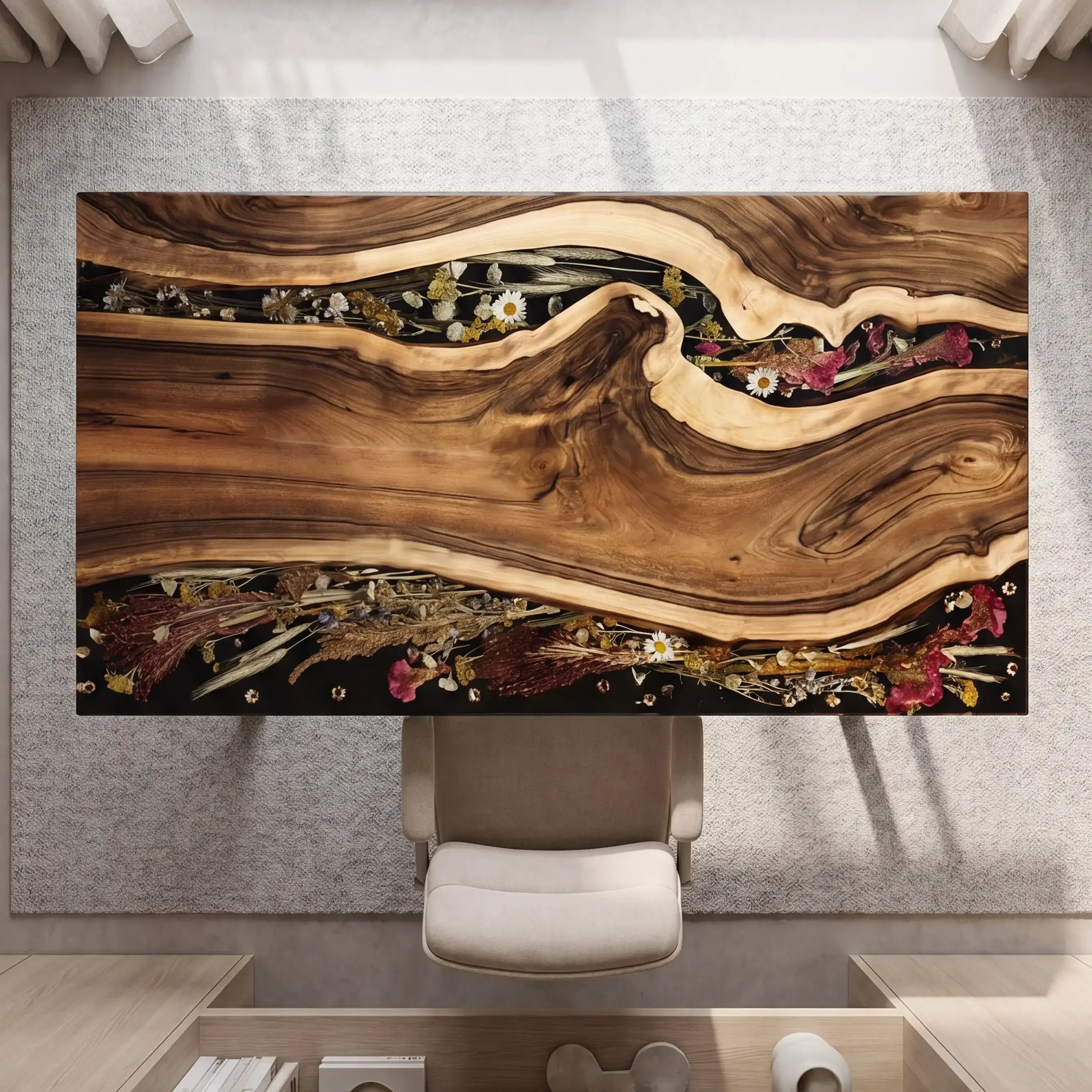 Custom Walnut and Dark Floral Resin “Midnight Botanica” Series Desk RD-27