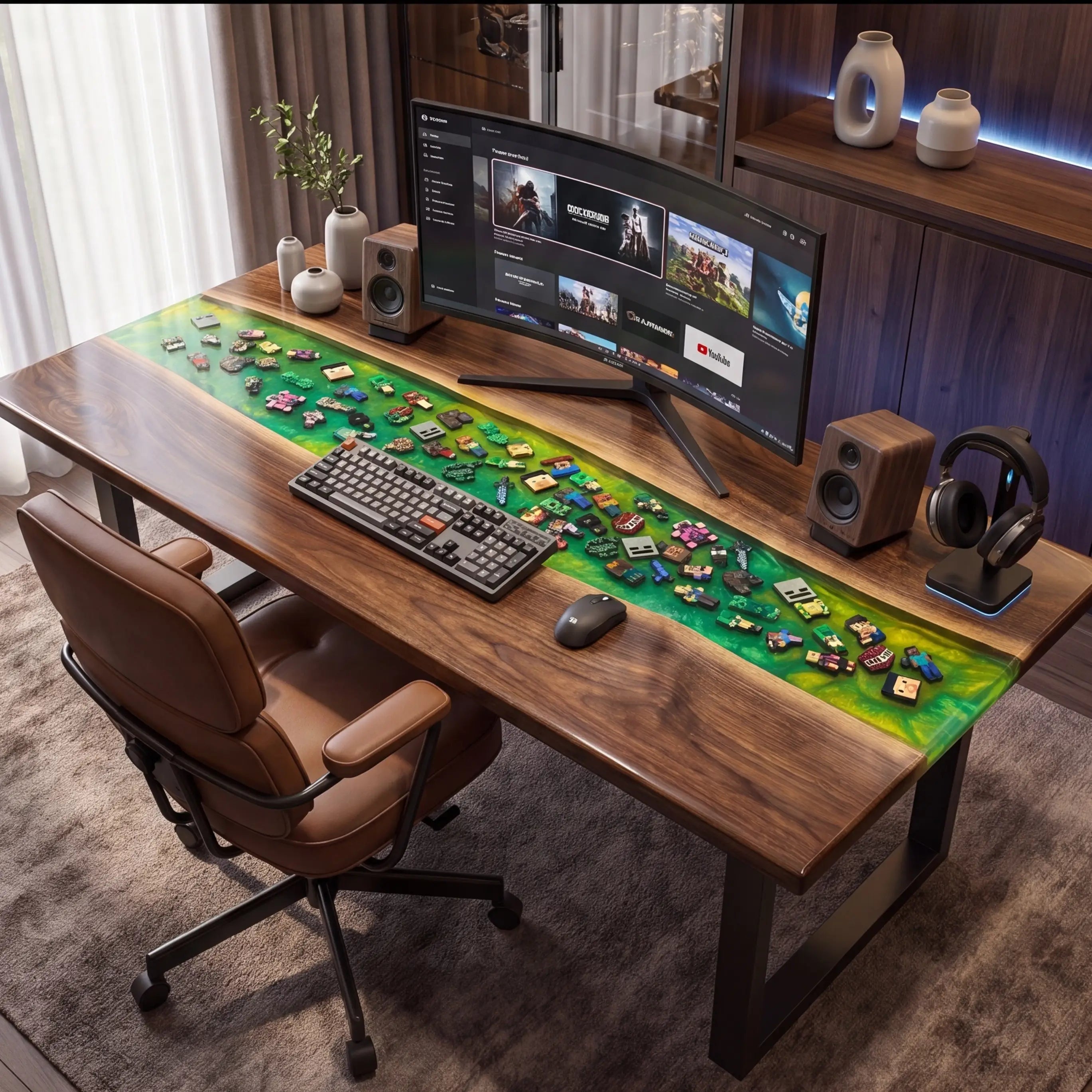 Custom Walnut and Embedded Gaming Theme Resin “Pixel World” Series Desk RD-31