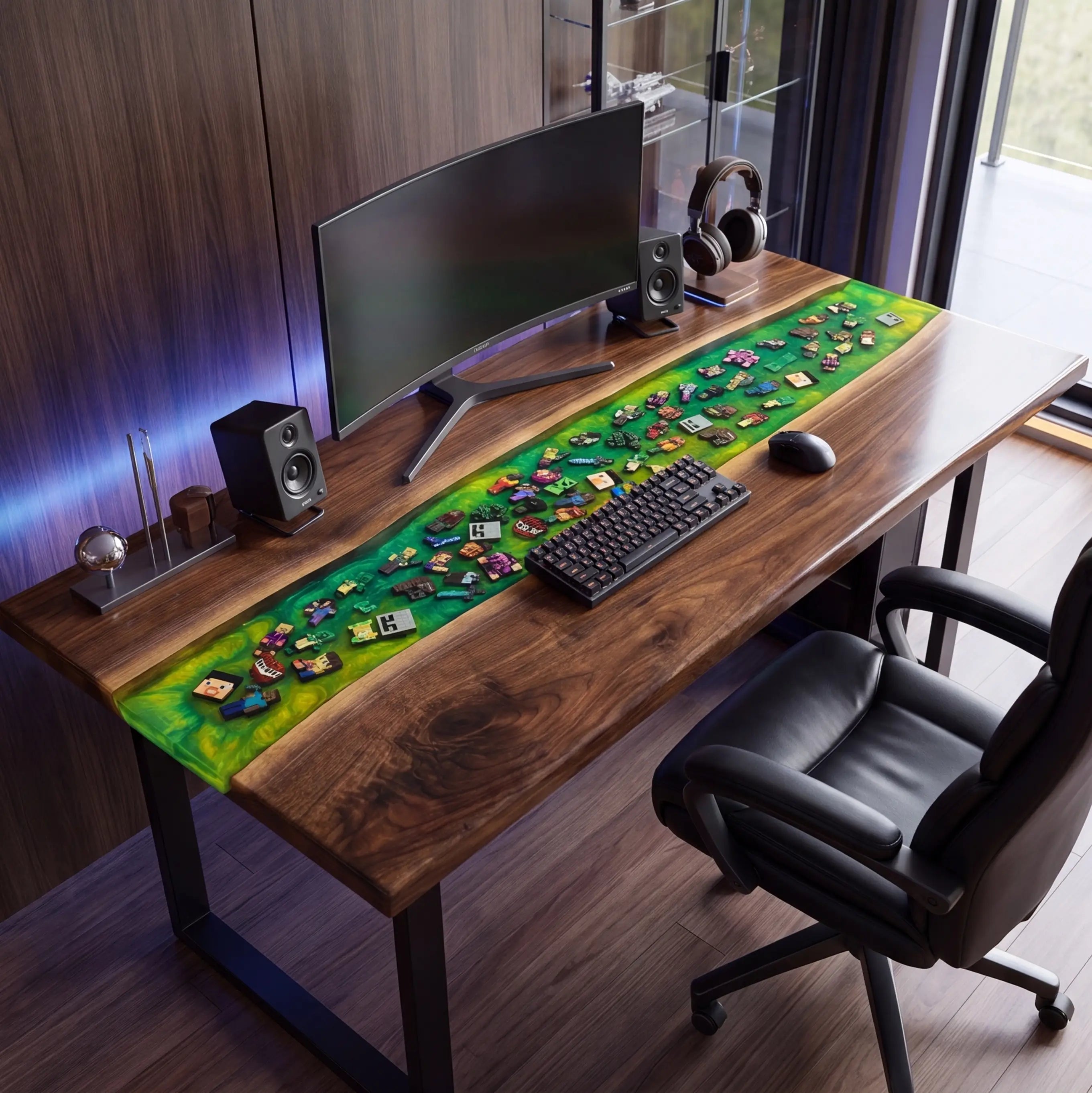 Custom Walnut and Embedded Gaming Theme Resin “Pixel World” Series Desk RD-31