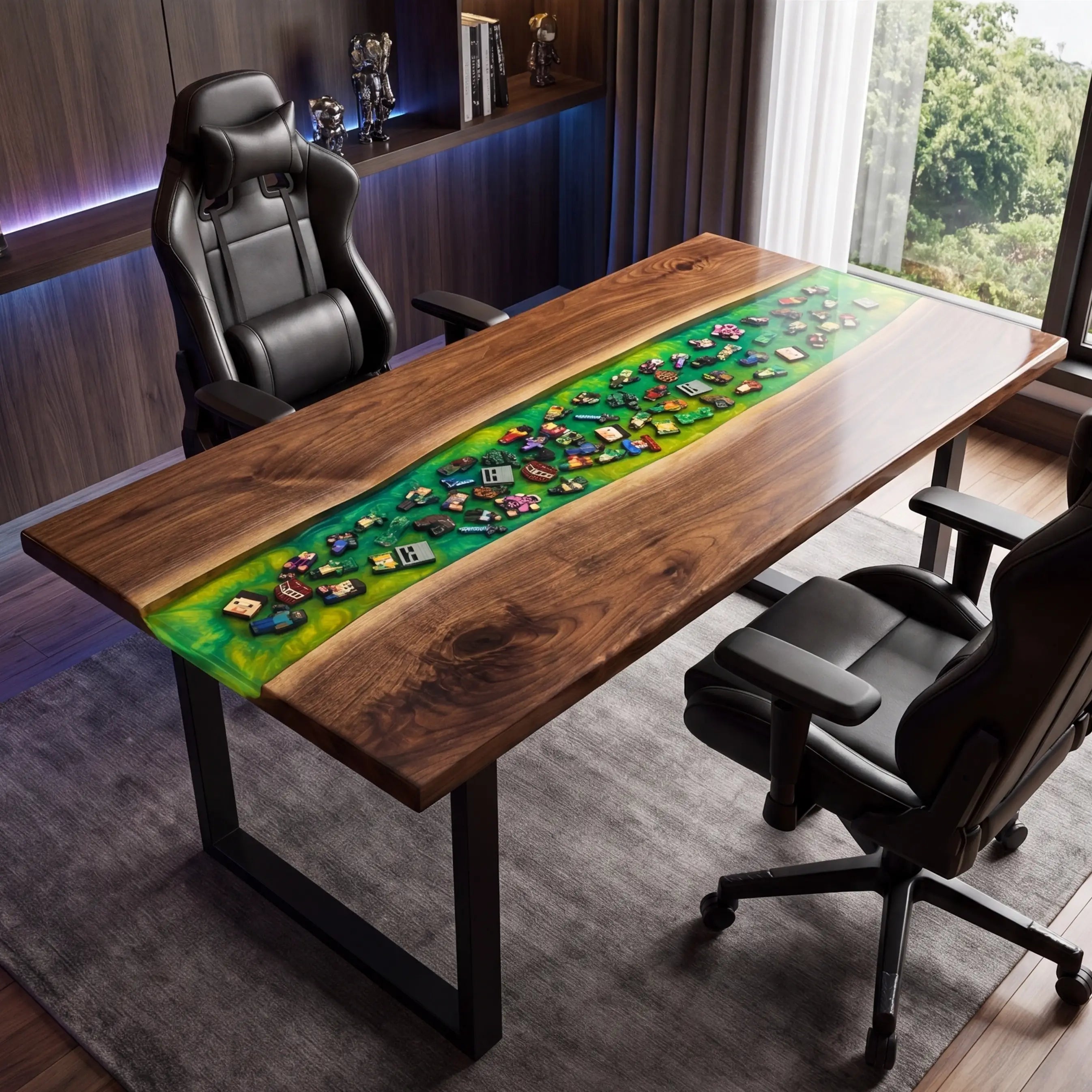 Custom Walnut and Embedded Gaming Theme Resin “Pixel World” Series Desk RD-31