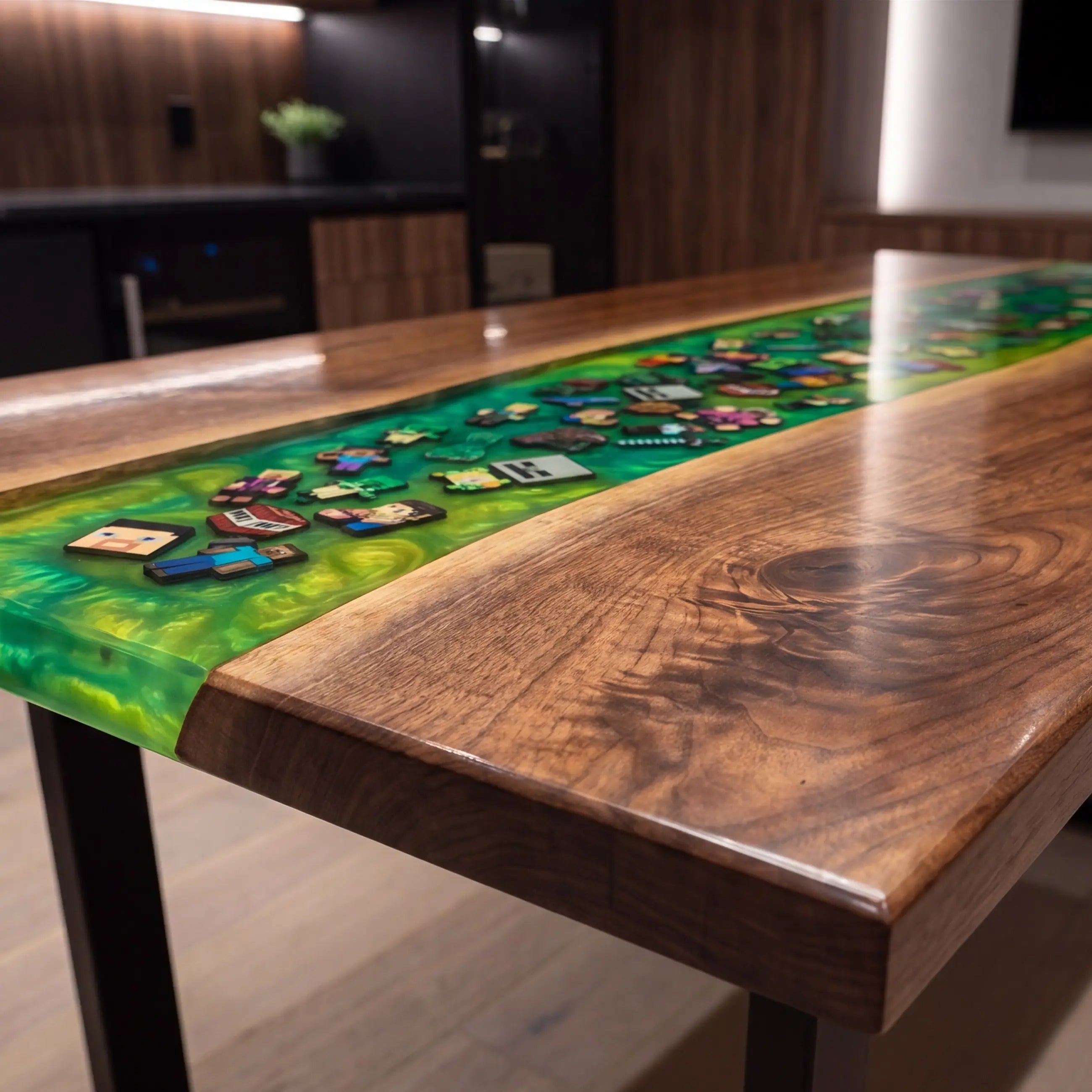 Custom Walnut and Embedded Gaming Theme Resin “Pixel World” Series Desk RD-31