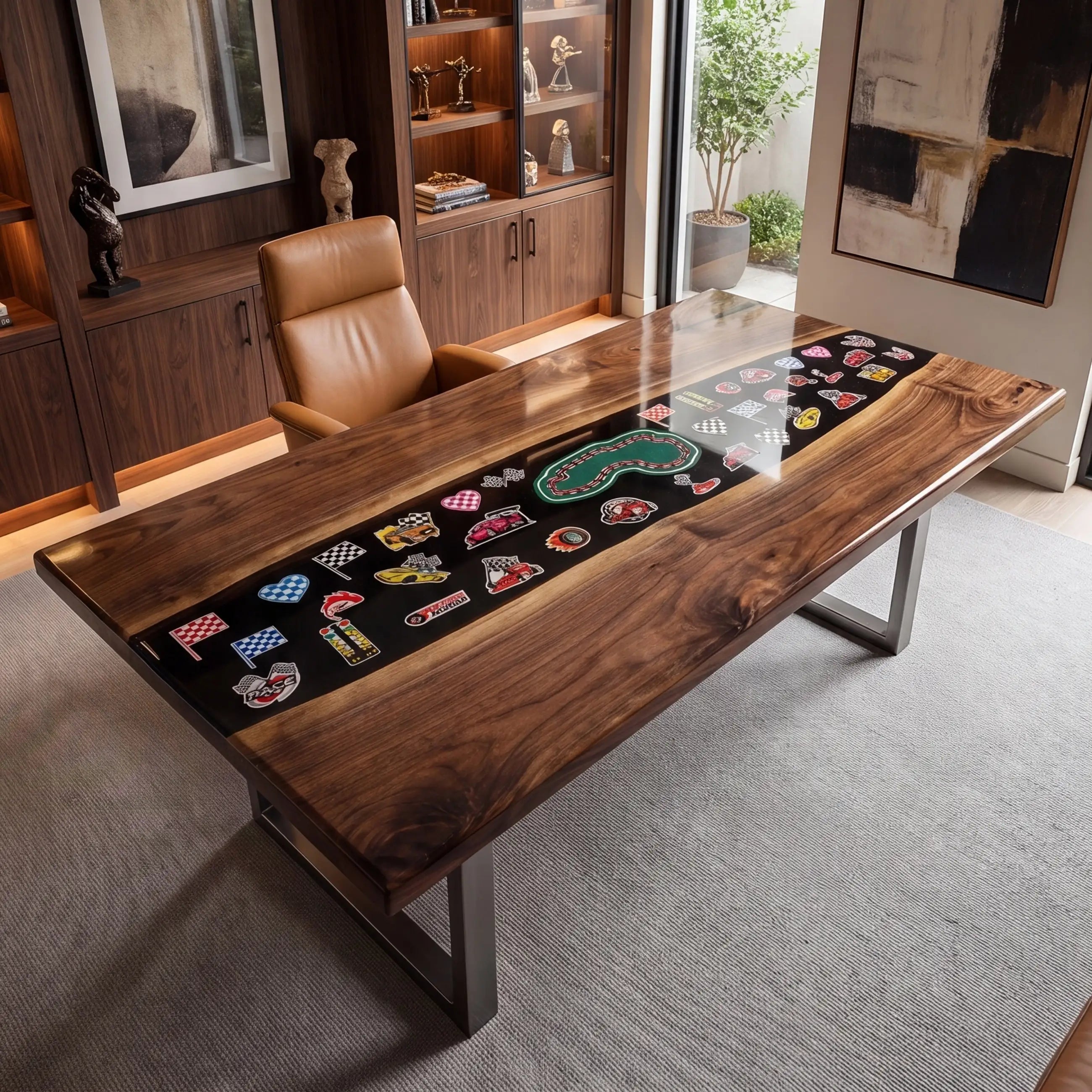 Custom Walnut and Embedded Motorsport Theme Resin “Grand Prix” Series Desk RD-37