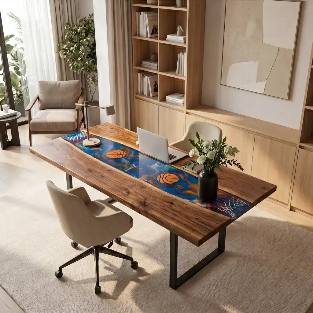 Custom Walnut and Embedded Sports Theme Resin “Heritage” Series Desk - Basketball Edition RD-22