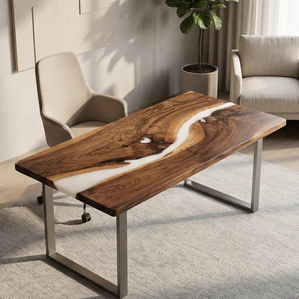 Custom Walnut and Ivory White Resin “Ivory” Series Desk RD-14