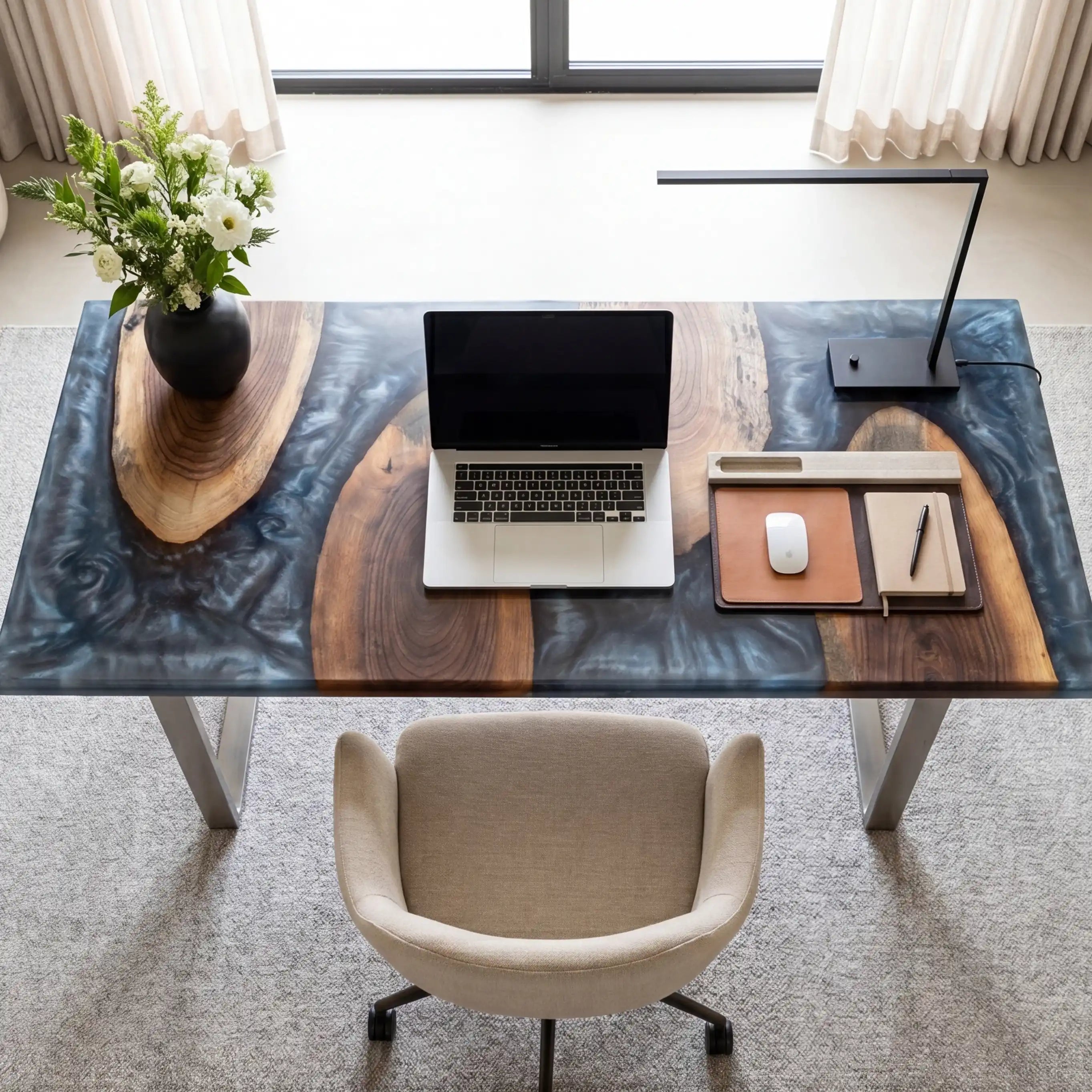 Custom Walnut and Metallic Blue Resin “Modern Organic” Series Desk RD-54