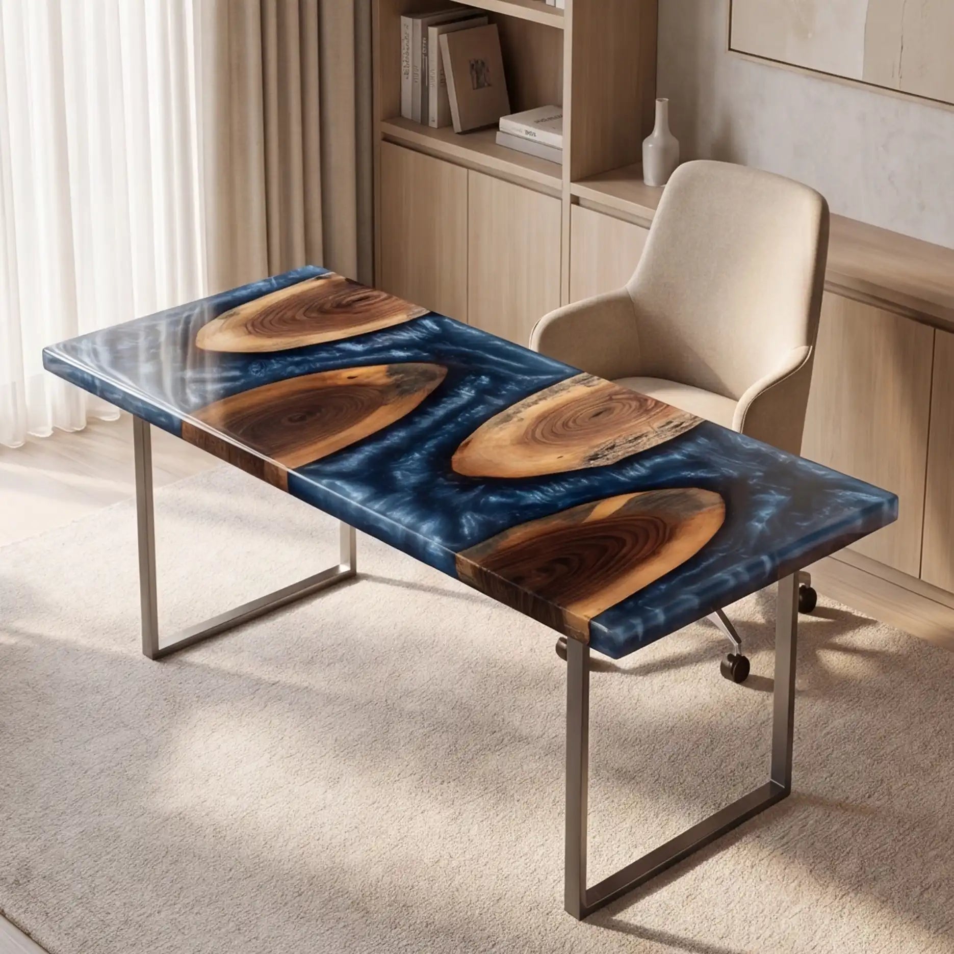 Custom Walnut and Metallic Blue Resin “Modern Organic” Series Desk RD-54