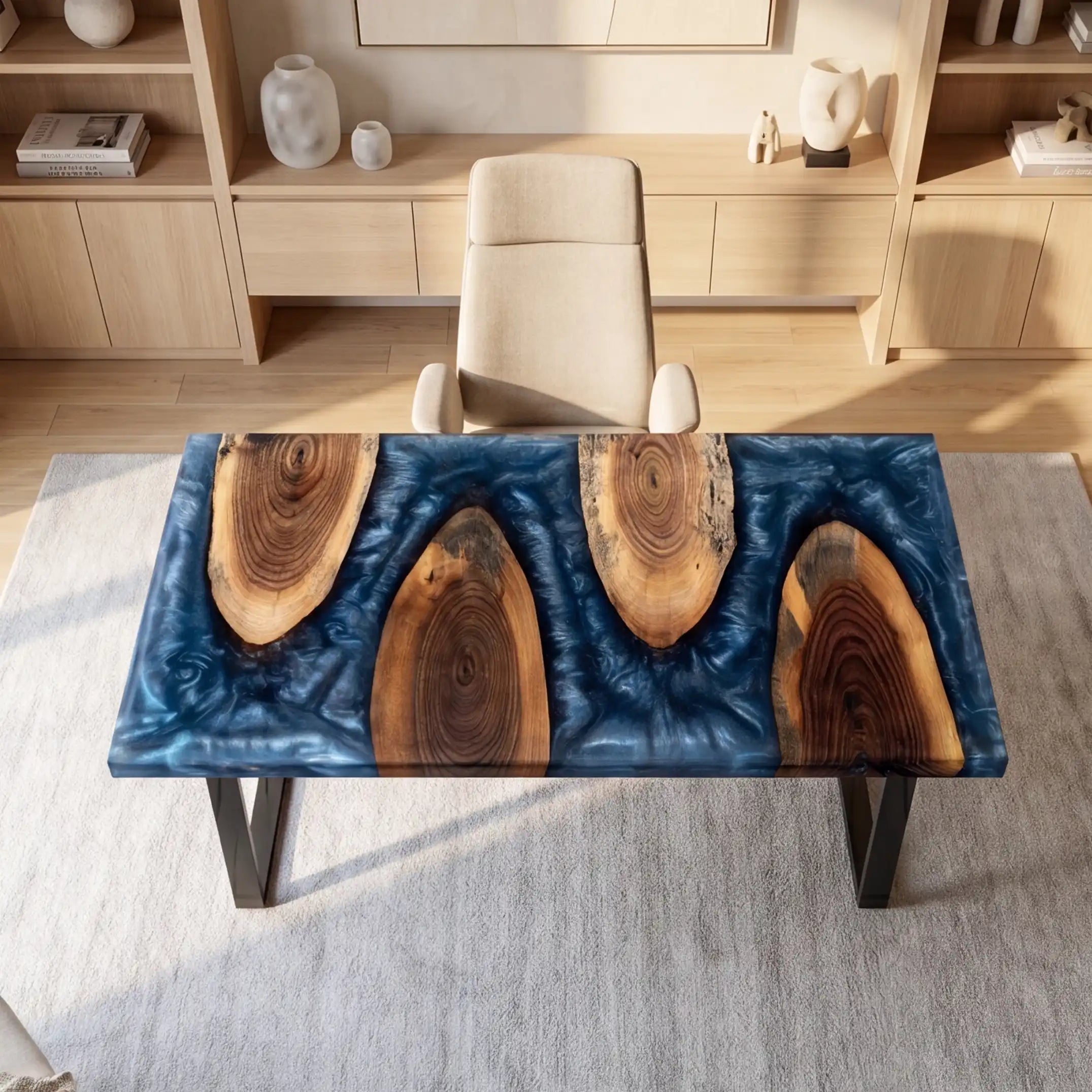 Custom Walnut and Metallic Blue Resin “Modern Organic” Series Desk RD-54