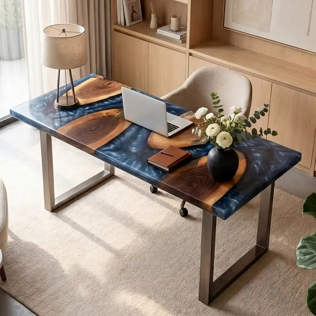 Custom Walnut and Metallic Blue Resin “Modern Organic” Series Desk RD-54