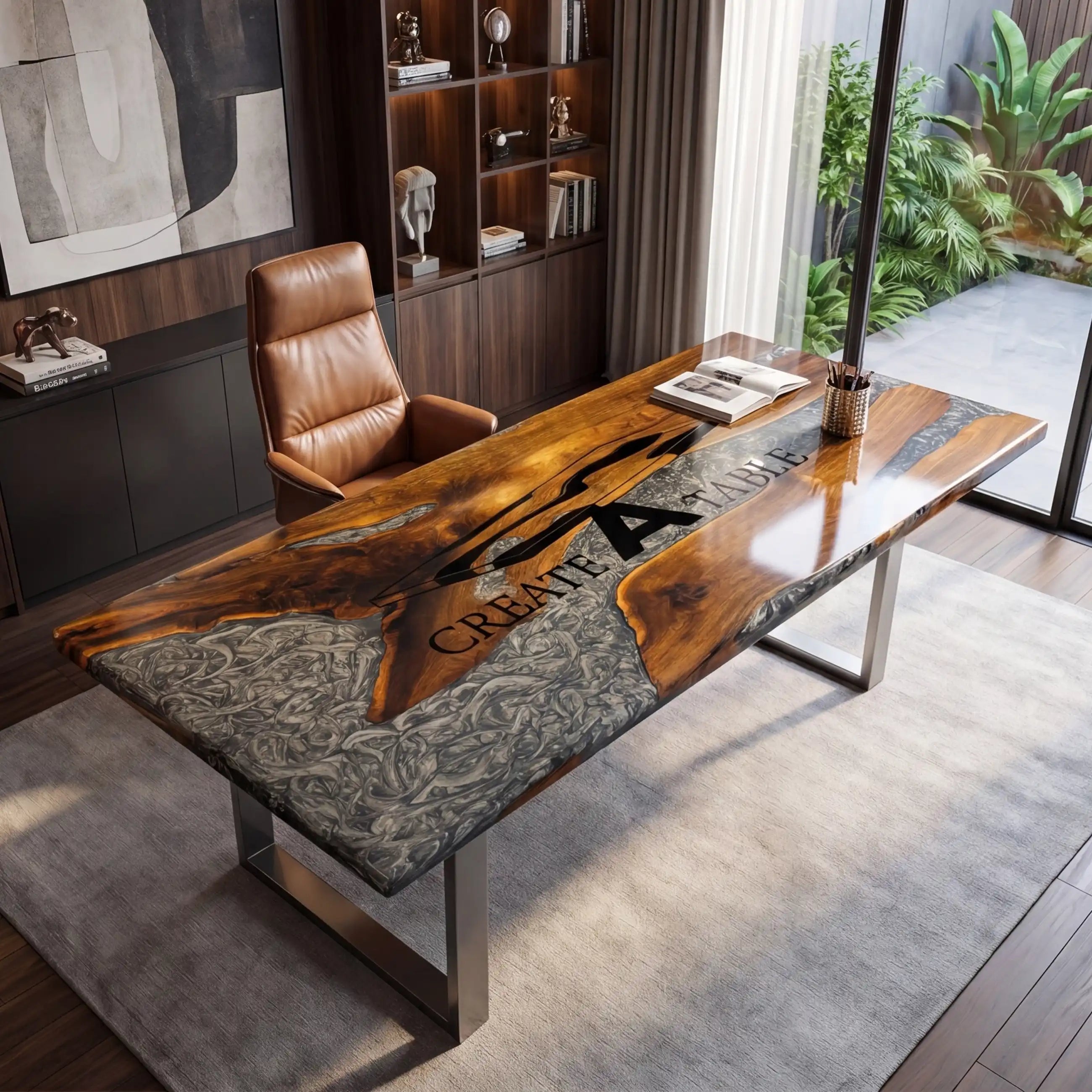 Custom Walnut and Metallic Grey Marble Resin “Executive Signature” Series Desk (With Black Resin Inlay Logo) RD-53
