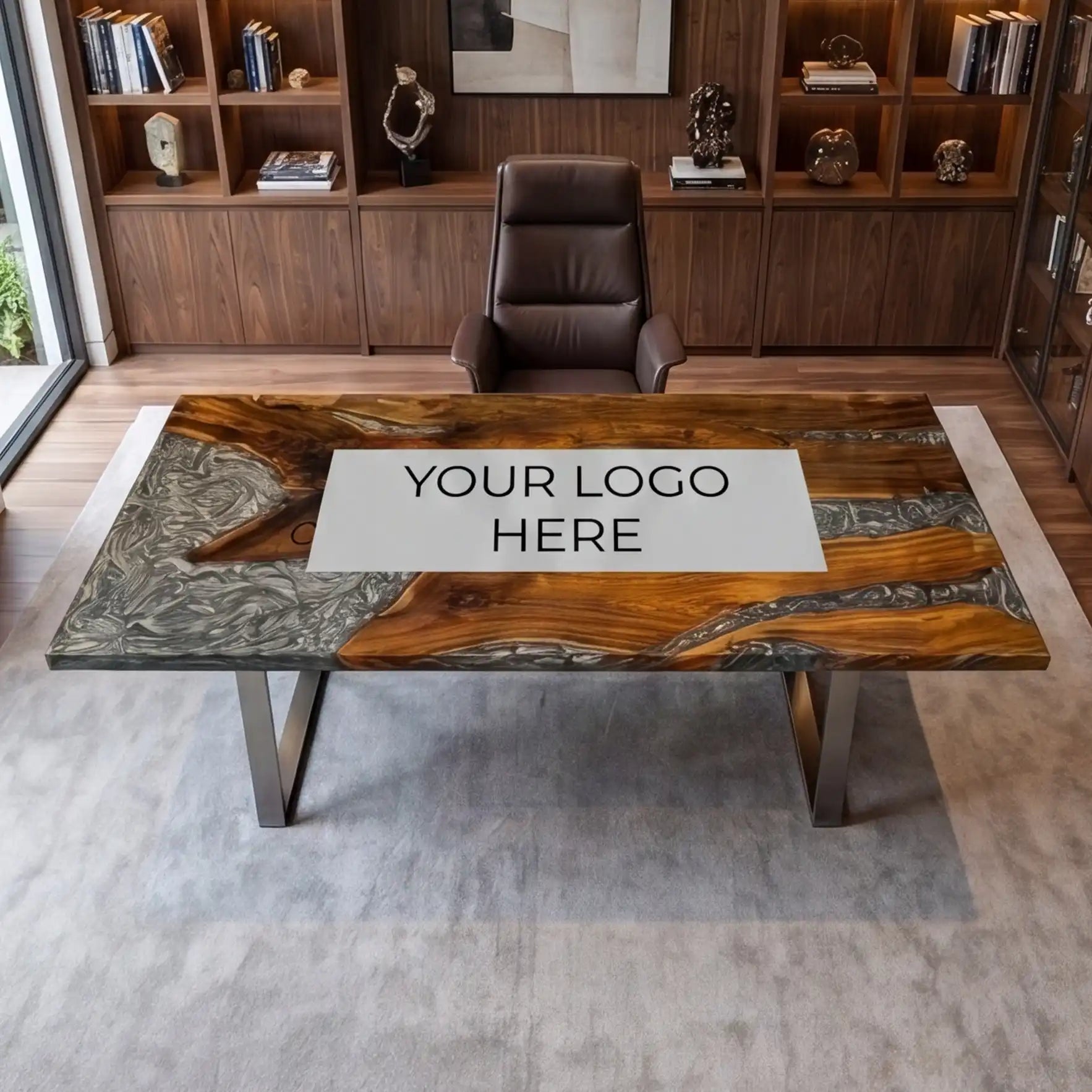 Custom Walnut and Metallic Grey Marble Resin “Executive Signature” Series Desk (With Black Resin Inlay Logo) RD-53