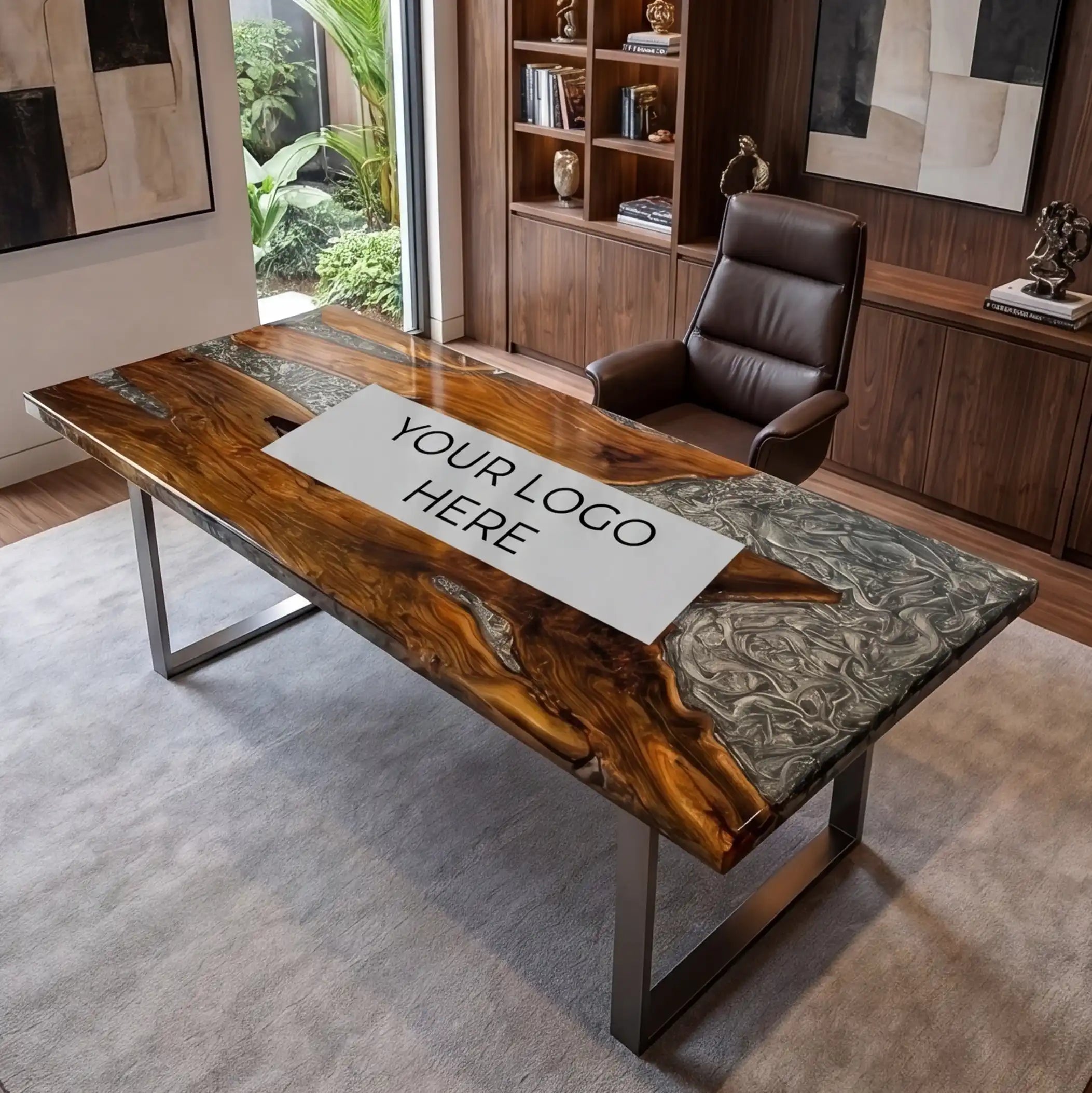 Custom Walnut and Metallic Grey Marble Resin “Executive Signature” Series Desk (With Black Resin Inlay Logo) RD-53