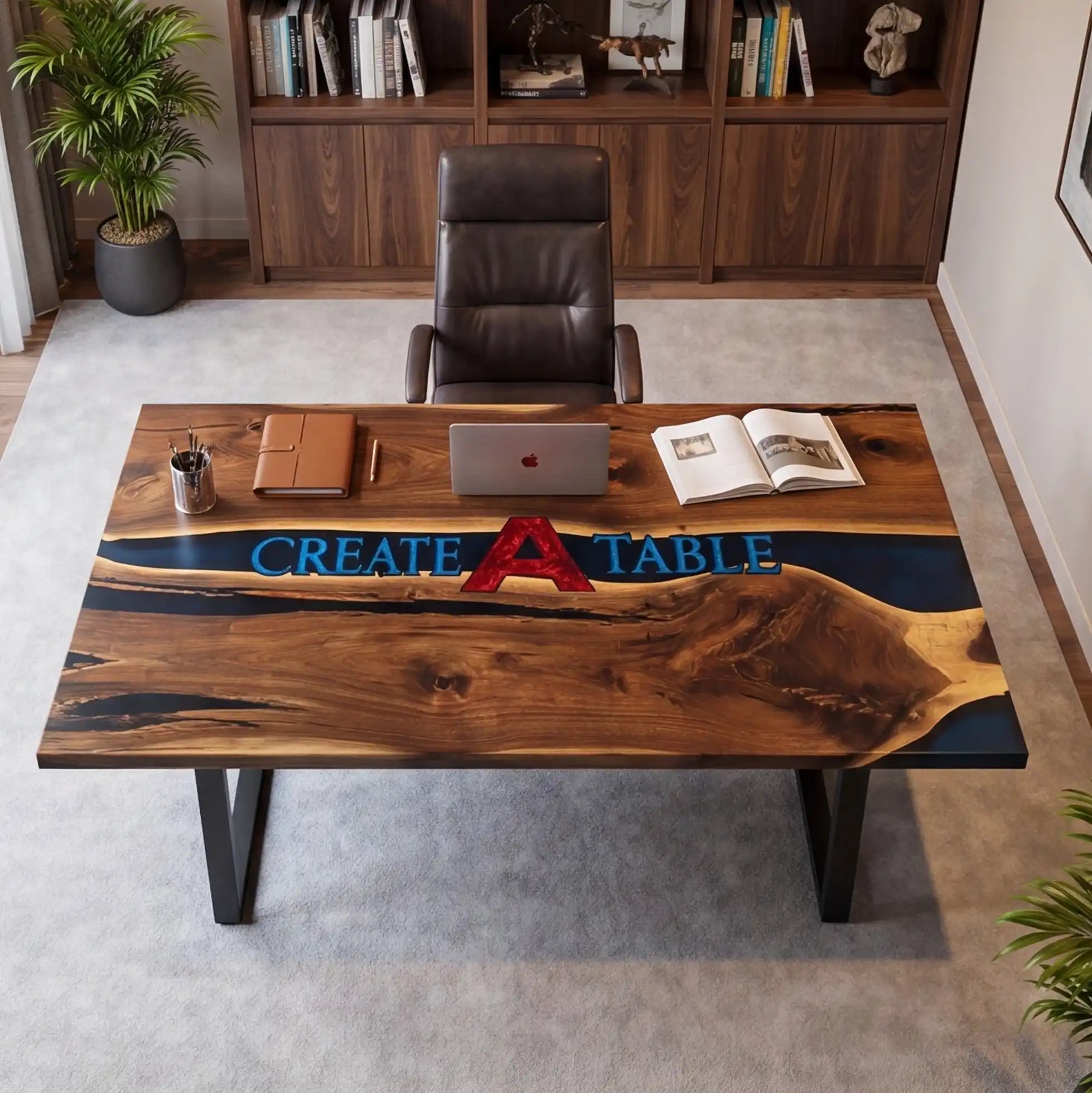 Custom Walnut and Midnight Blue Resin “Executive Signature” Series Desk (With Multi-Color Resin Inlay Logo) RD-52