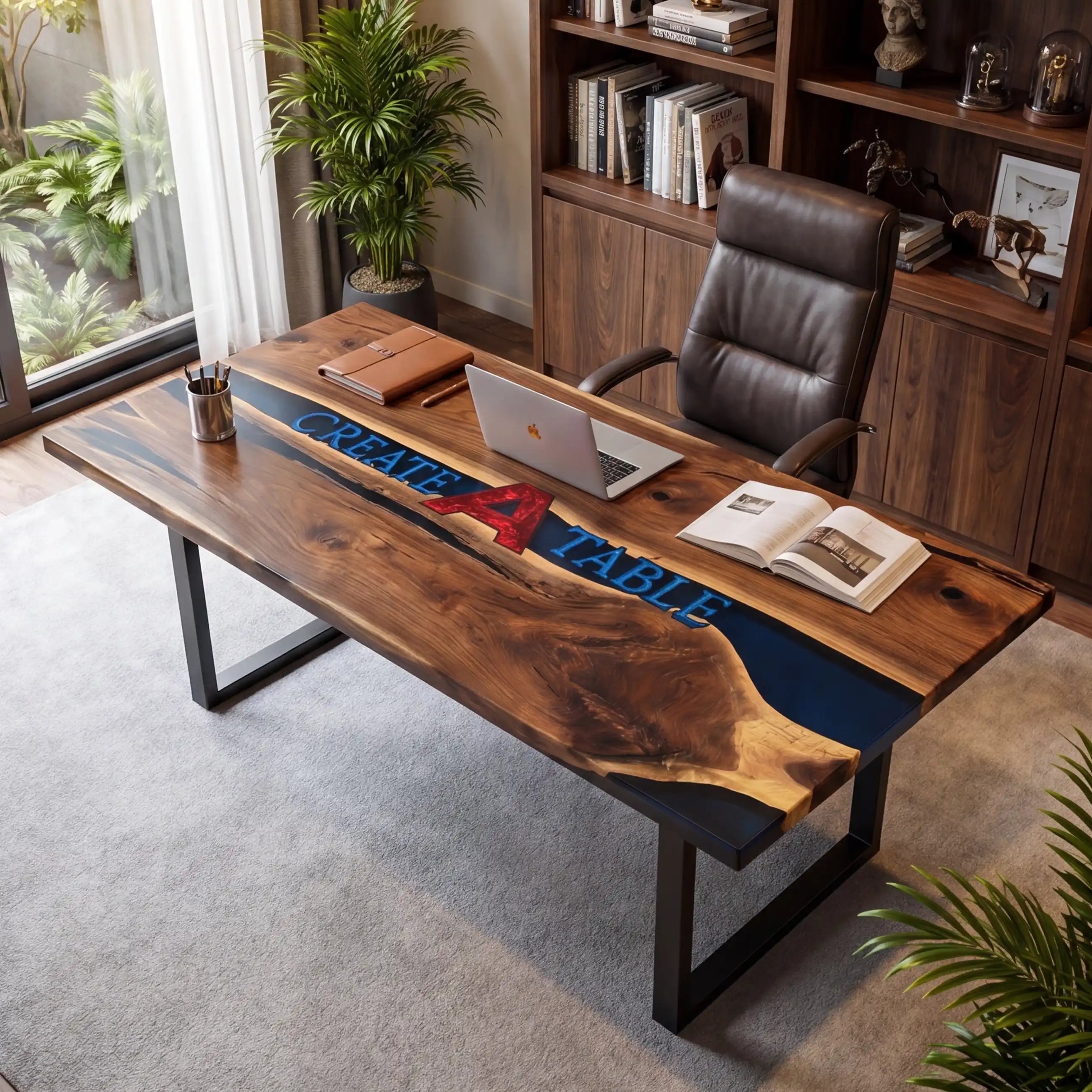 Custom Walnut and Midnight Blue Resin “Executive Signature” Series Desk (With Multi-Color Resin Inlay Logo) RD-52